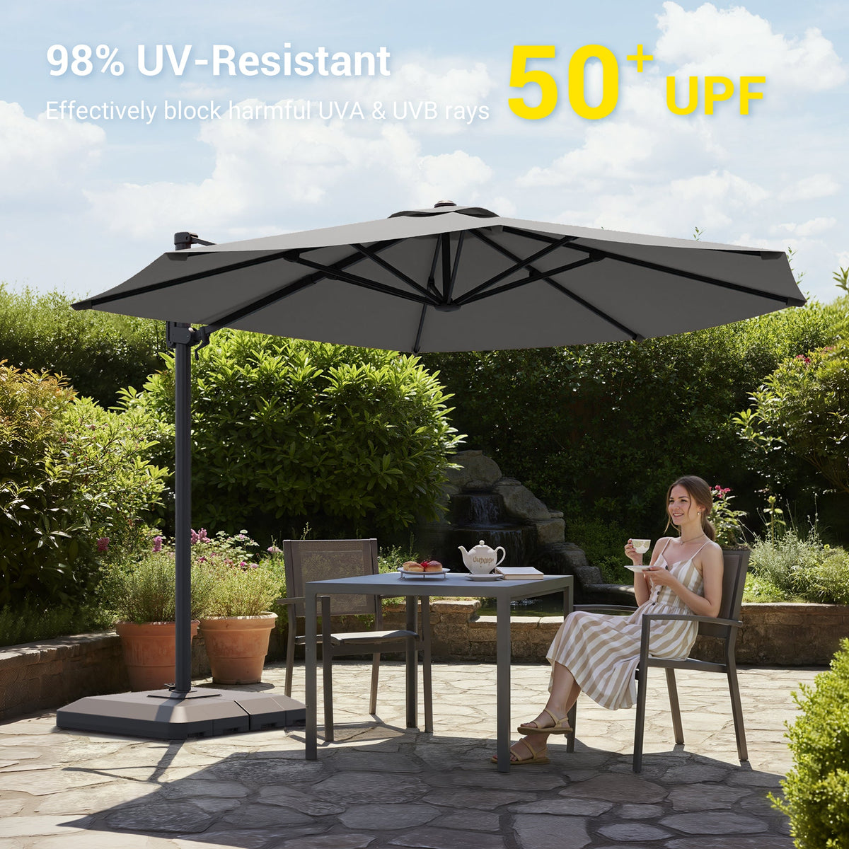 Sonkuki 11FT Aluminum Cantilever Umbrella Outdoor Offset Umbrella with Crank Handle and 360 Degree Rotation Umbrella, 240g Solution - dyed Fabric with 8 Reinforced Ribs, Base Included - Sonkuki