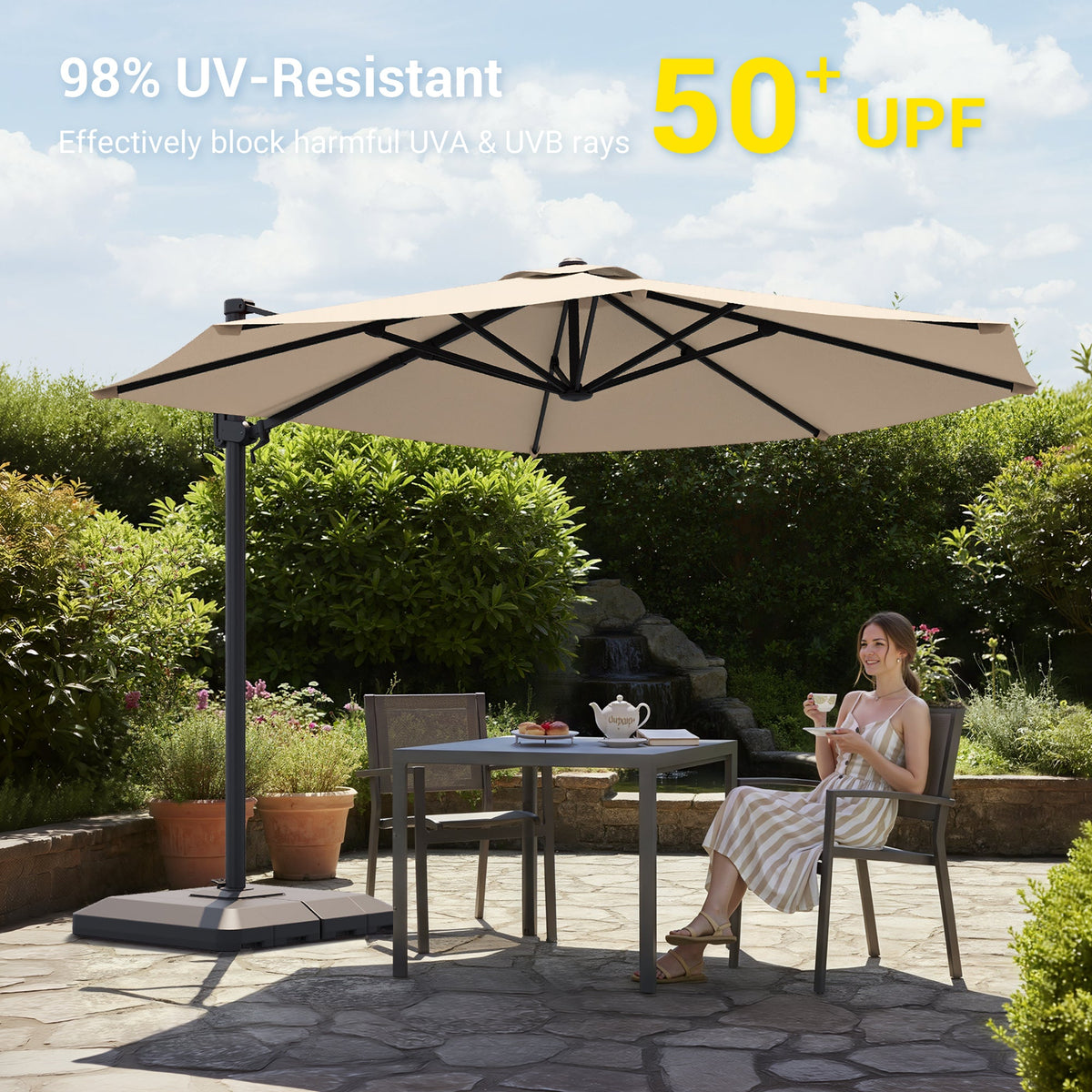 Sonkuki 11FT Aluminum Cantilever Umbrella Outdoor Offset Umbrella with Crank Handle and 360 Degree Rotation Umbrella, 240g Solution - dyed Fabric with 8 Reinforced Ribs, Base Included - Sonkuki