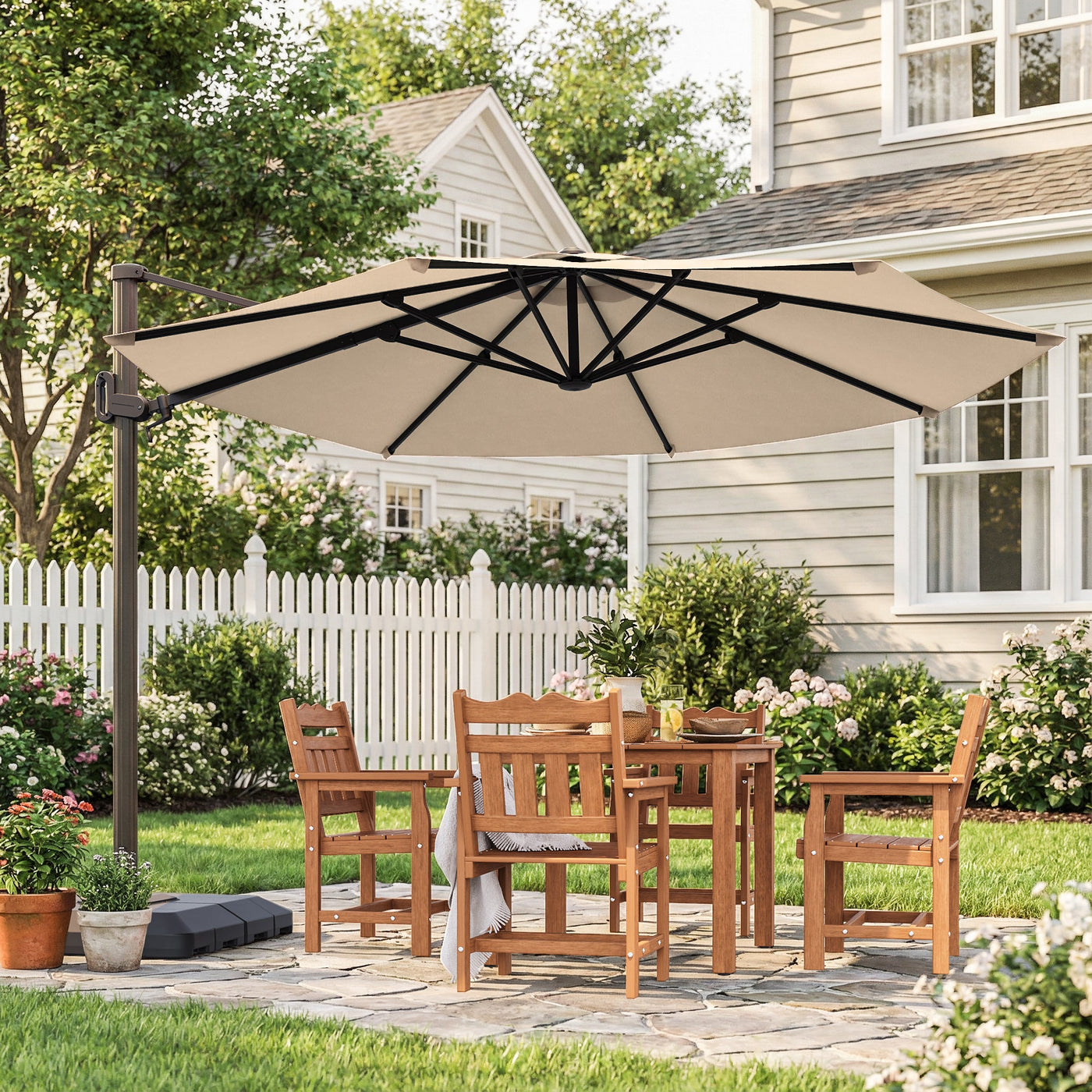 Sonkuki 11FT Aluminum Cantilever Umbrella Outdoor Offset Umbrella with Crank Handle and 360 Degree Rotation Umbrella, 240g Solution - dyed Fabric with 8 Reinforced Ribs, Base Included - Sonkuki