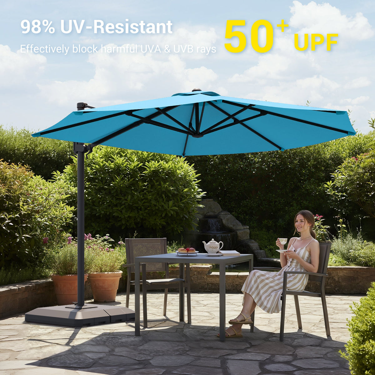 Sonkuki 11FT Aluminum Cantilever Umbrella Outdoor Offset Umbrella with Crank Handle and 360 Degree Rotation Umbrella, 240g Solution - dyed Fabric with 8 Reinforced Ribs, Base Included - Sonkuki