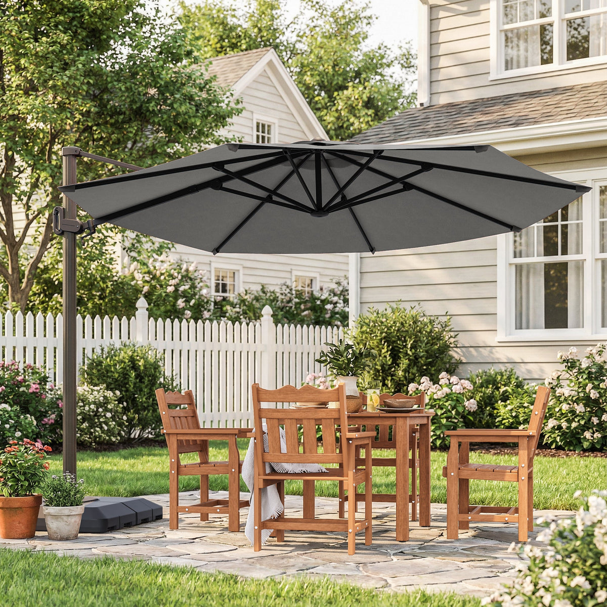 Sonkuki 11FT Aluminum Cantilever Umbrella Outdoor Offset Umbrella with Crank Handle and 360 Degree Rotation Umbrella, 240g Solution - dyed Fabric with 8 Reinforced Ribs, Base Included - Sonkuki