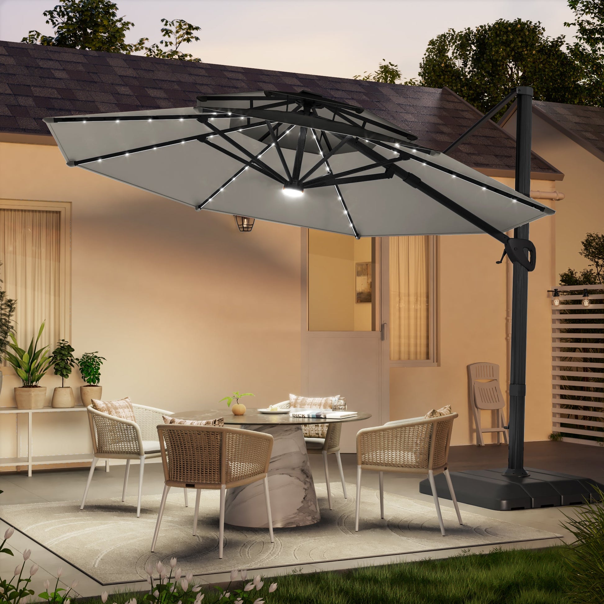 SONKUKI 11Ft LED Patio Hanging Double Top Octagon Cantilever Umbrella with 360 - degree Rotating Canopy - Sonkuki