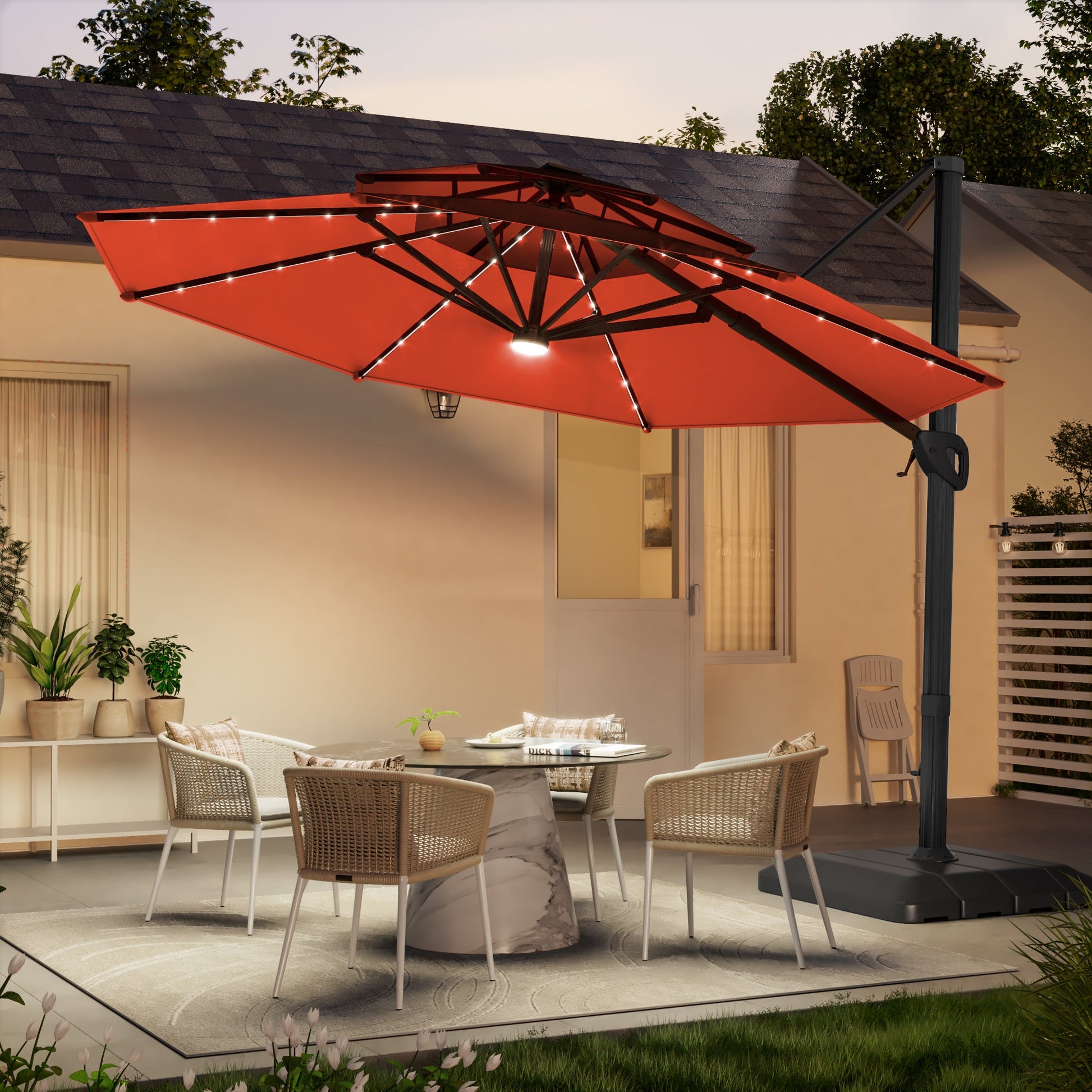 SONKUKI 11Ft LED Patio Hanging Double Top Octagon Cantilever Umbrella with 360 - degree Rotating Canopy - Sonkuki