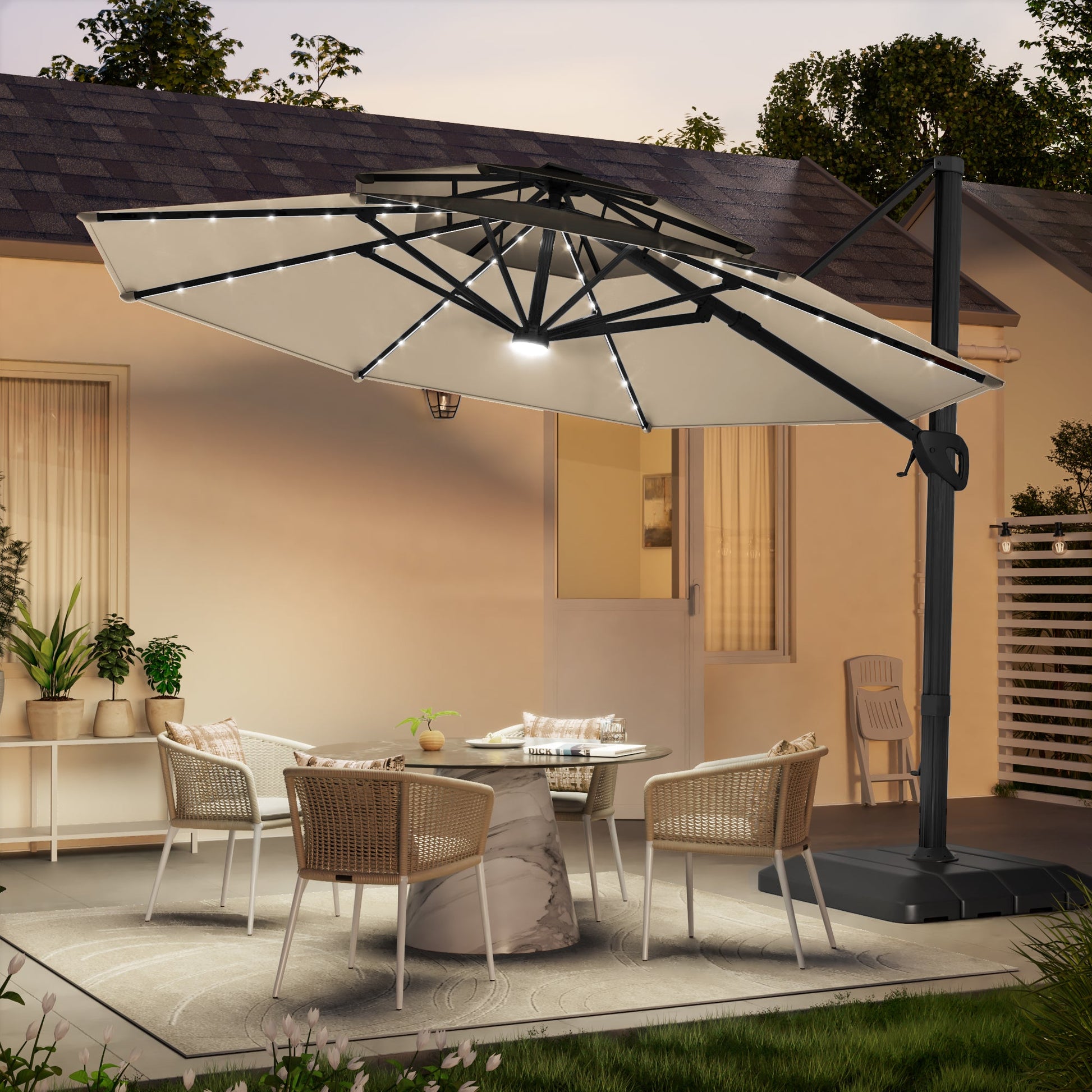 SONKUKI 11Ft LED Patio Hanging Double Top Octagon Cantilever Umbrella with 360 - degree Rotating Canopy - Sonkuki