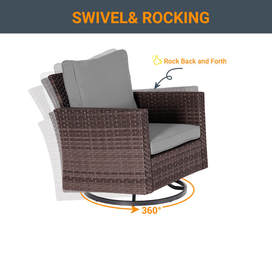 Sonkuki 3 - Piece Patio Sofa Set Brown Rattan Swivel Rocking Chair Glass Table - Sonkuki