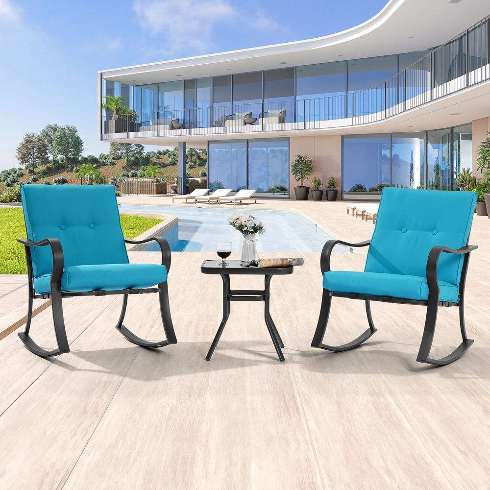 SONKUKI 3 - Piece Rocking Bistro Patio furniture Sets Steel Frame Thickened Sponge Cushions& Glass Table Porch Rocking Chairs - Sonkuki