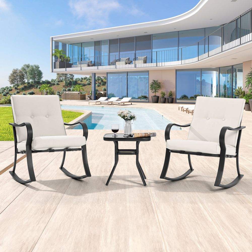 SONKUKI 3 - Piece Rocking Bistro Patio furniture Sets Steel Frame Thickened Sponge Cushions& Glass Table Porch Rocking Chairs - Sonkuki