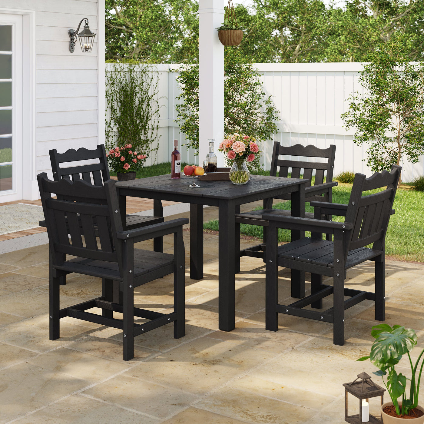 Sonkuki 5 - Piece Outdoor Dining Set, Square HIPS Patio Table and 4 Chairs with Umbrella Hole, Weather Resistant Furniture Sets for Garden, Backyard, Lawn, and Poolside - Sonkuki