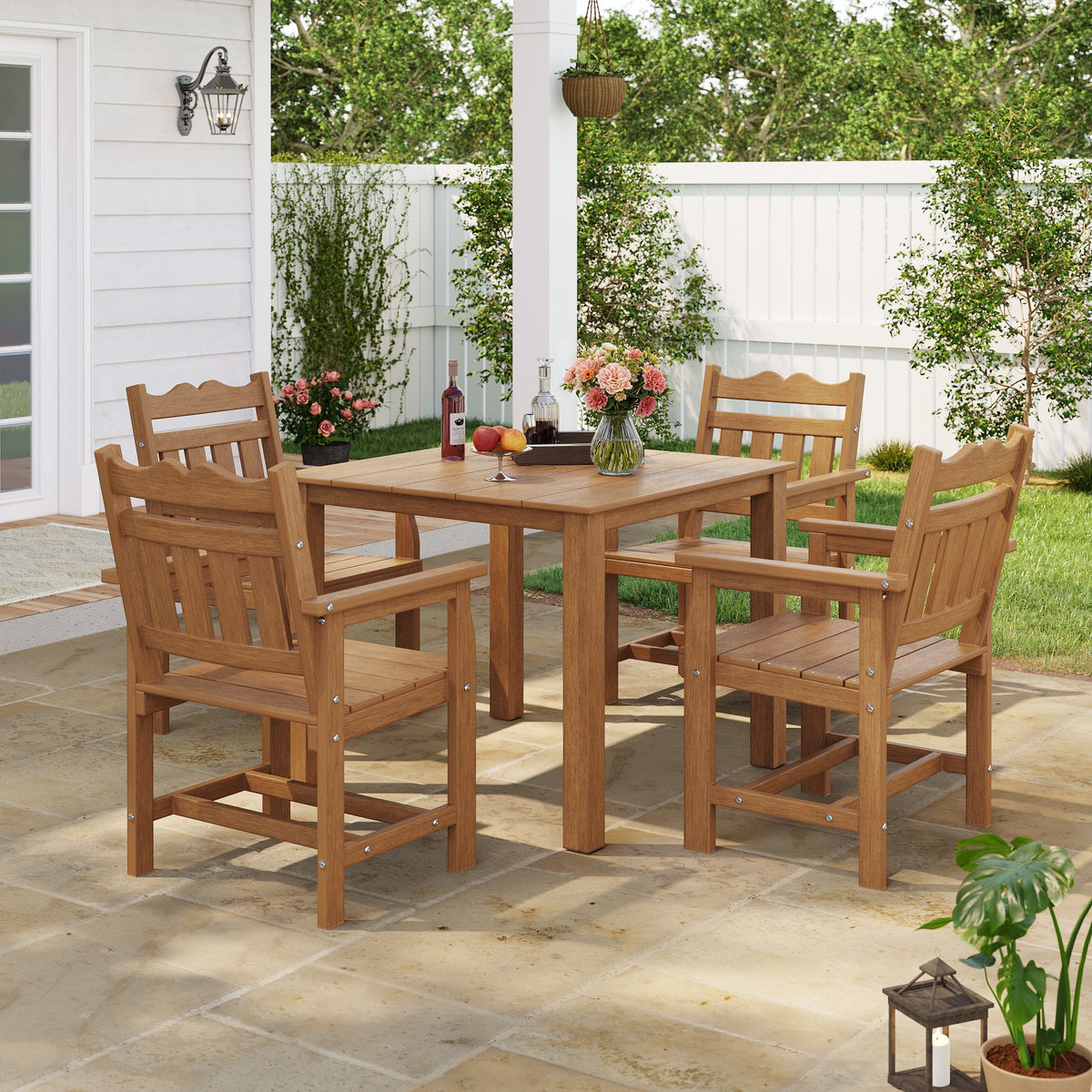 Sonkuki 5 - Piece Outdoor Dining Set, Square HIPS Patio Table and 4 Chairs with Umbrella Hole, Weather Resistant Furniture Sets for Garden, Backyard, Lawn, and Poolside - Sonkuki