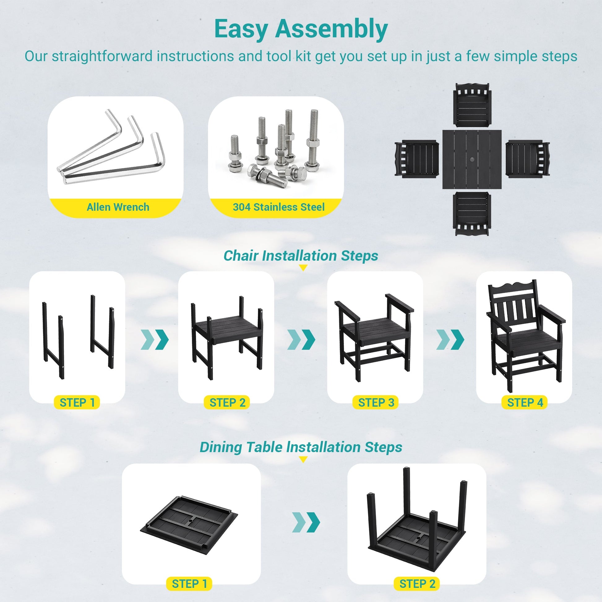 Sonkuki 5 - Piece Outdoor Dining Set, Square HIPS Patio Table and 4 Chairs with Umbrella Hole, Weather Resistant Furniture Sets for Garden, Backyard, Lawn, and Poolside - Sonkuki