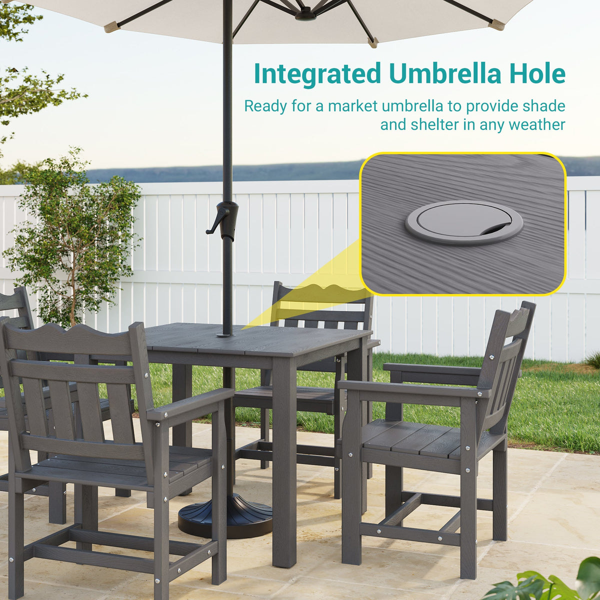 Sonkuki 5 - Piece Outdoor Dining Set, Square HIPS Patio Table and 4 Chairs with Umbrella Hole, Weather Resistant Furniture Sets for Garden, Backyard, Lawn, and Poolside - Sonkuki