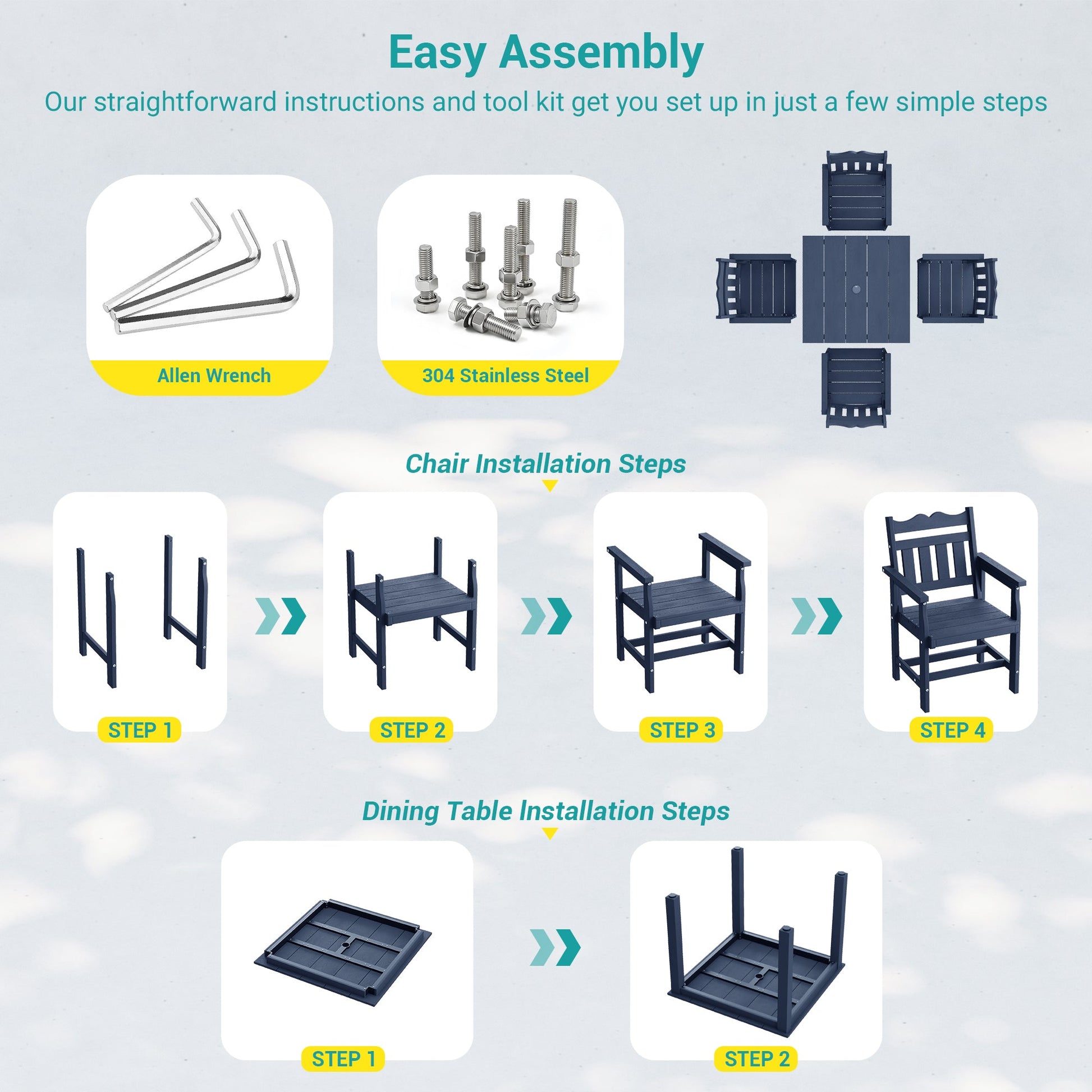Sonkuki 5 - Piece Outdoor Dining Set, Square HIPS Patio Table and 4 Chairs with Umbrella Hole, Weather Resistant Furniture Sets for Garden, Backyard, Lawn, and Poolside - Sonkuki