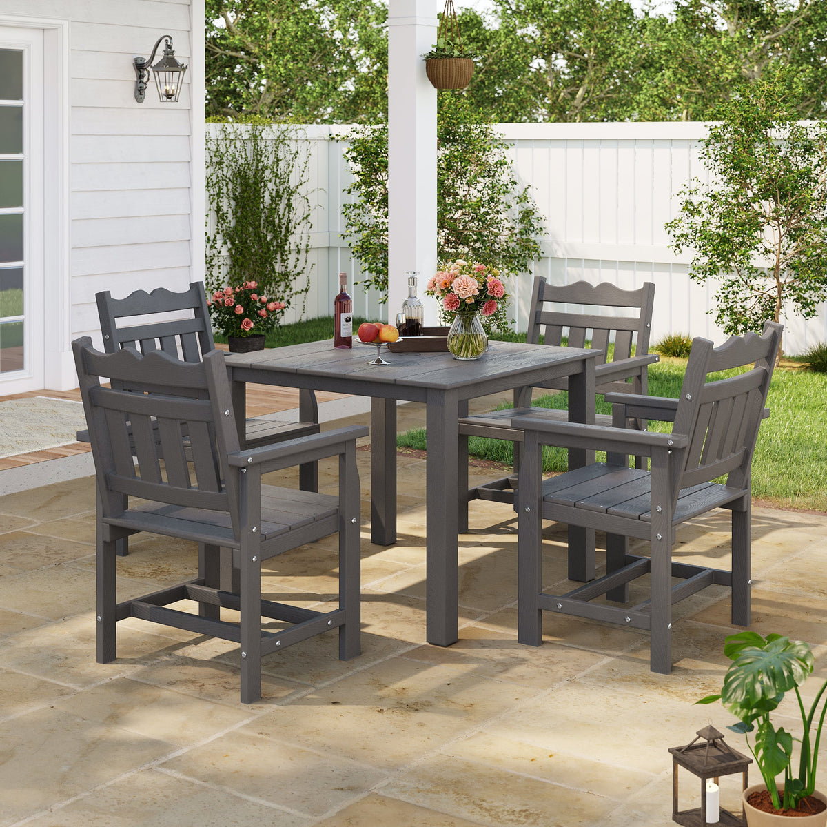 Sonkuki 5 - Piece Outdoor Dining Set, Square HIPS Patio Table and 4 Chairs with Umbrella Hole, Weather Resistant Furniture Sets for Garden, Backyard, Lawn, and Poolside - Sonkuki