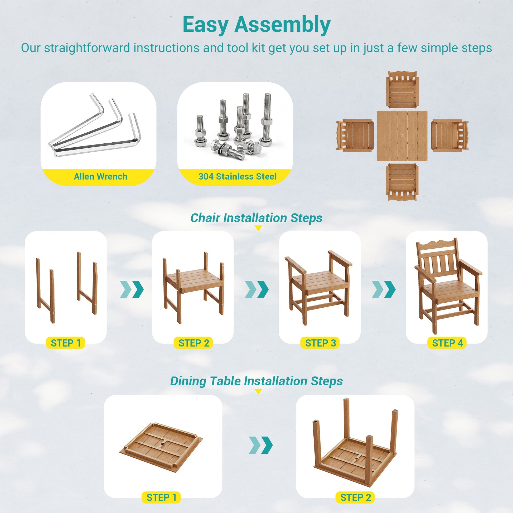Sonkuki 5 - Piece Outdoor Dining Set, Square HIPS Patio Table and 4 Chairs with Umbrella Hole, Weather Resistant Furniture Sets for Garden, Backyard, Lawn, and Poolside - Sonkuki