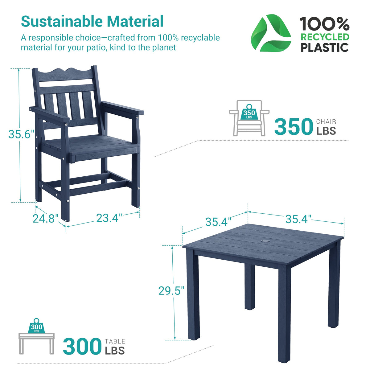 Sonkuki 5 - Piece Outdoor Dining Set, Square HIPS Patio Table and 4 Chairs with Umbrella Hole, Weather Resistant Furniture Sets for Garden, Backyard, Lawn, and Poolside - Sonkuki