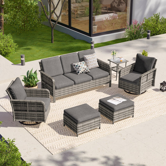 SONKUKI 6 Pieces Patio Conversation Sofa Set with Swivel Rocking Chairs , Brown PE Wicker, Curved Armrests High Back Sofa Chair Design for Lawn, Patio and Porch - Sonkuki