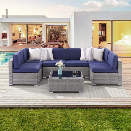 SONKUKI 7 Pieces Outdoor Sofa Sets, Sectional Furniture PE Wicker Sofa - Sonkuki