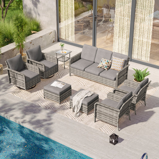 SONKUKI 8 Pieces Patio Conversation Sofa Set with Swivel Rocking Chairs , Brown PE Wicker, Curved Armrests High Back Sofa Chair Design for Lawn, Patio and Porch - Sonkuki