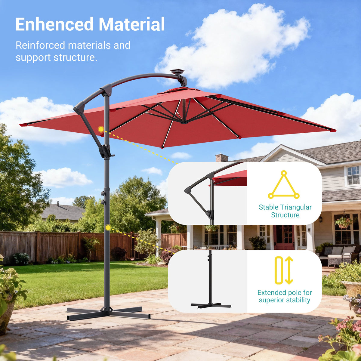 Sonkuki 8.2ft Solar LED Patio Offset Umbrella with 8 Light Strips, Safety Lock & Raised Base Pole for Stability, Foldable Crank, Cantilever Patio Hanging Umbrella - Sonkuki