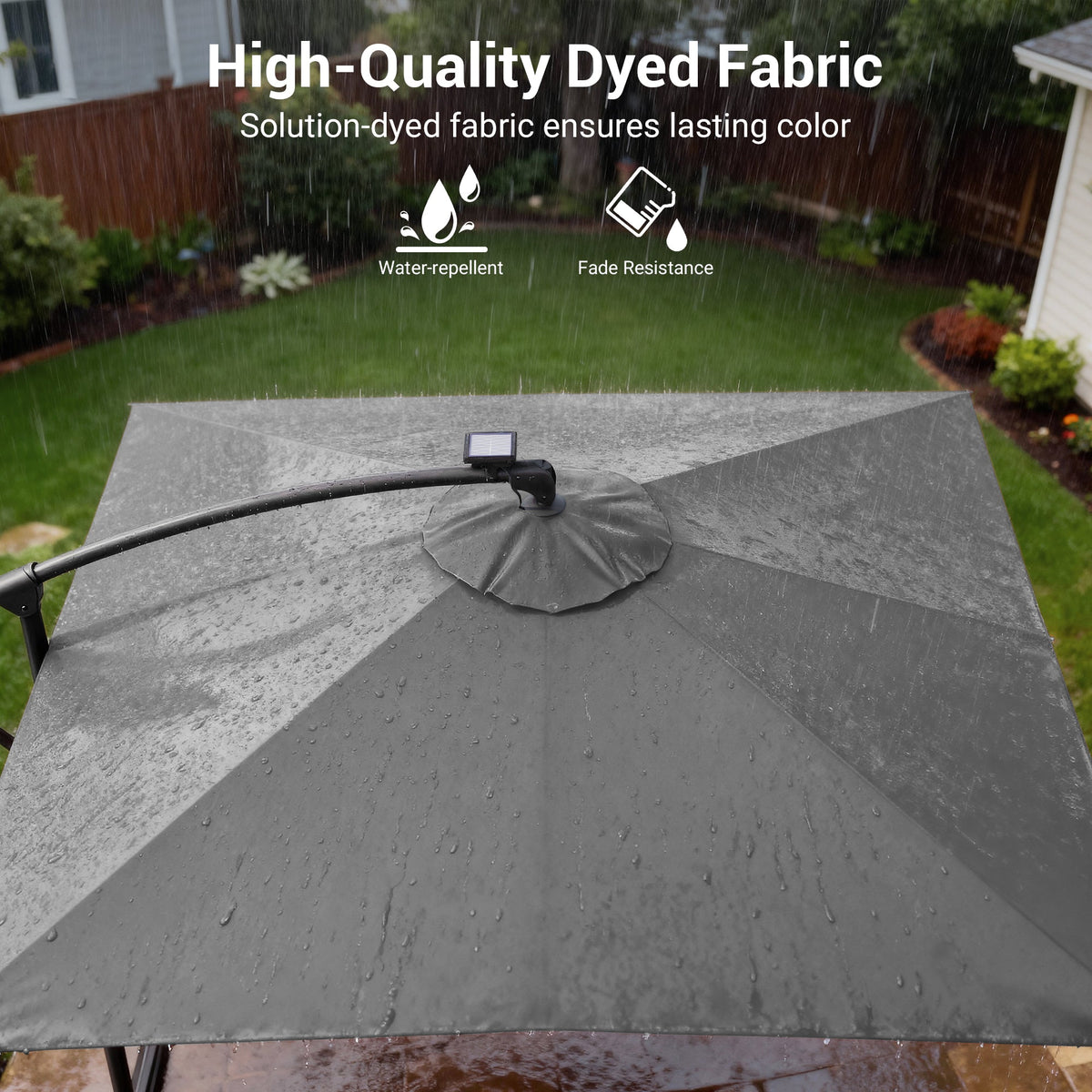 Sonkuki 8.2ft Solar LED Patio Offset Umbrella with 8 Light Strips, Safety Lock & Raised Base Pole for Stability, Foldable Crank, Cantilever Patio Hanging Umbrella - Sonkuki
