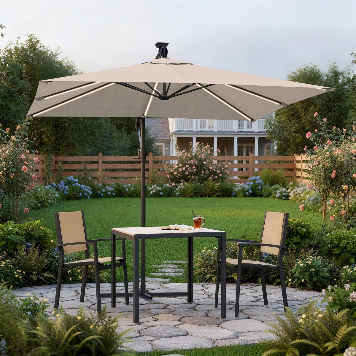 Sonkuki 8.2ft Solar LED Patio Offset Umbrella with 8 Light Strips, Safety Lock & Raised Base Pole for Stability, Foldable Crank, Cantilever Patio Hanging Umbrella - Sonkuki