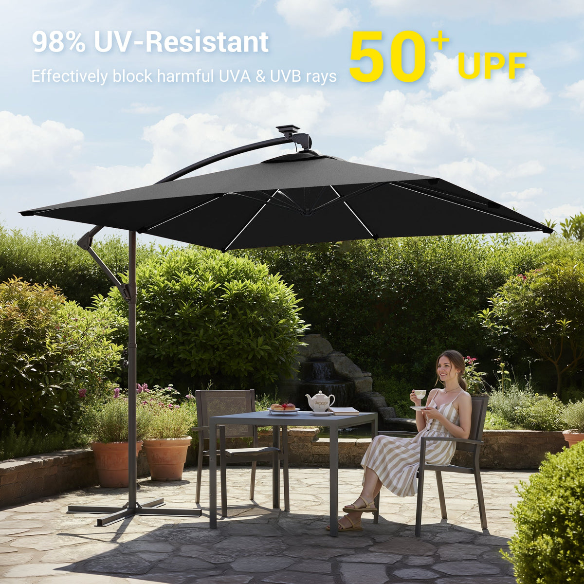 Sonkuki 8.2ft Solar LED Patio Offset Umbrella with 8 Light Strips, Safety Lock & Raised Base Pole for Stability, Foldable Crank, Cantilever Patio Hanging Umbrella - Sonkuki