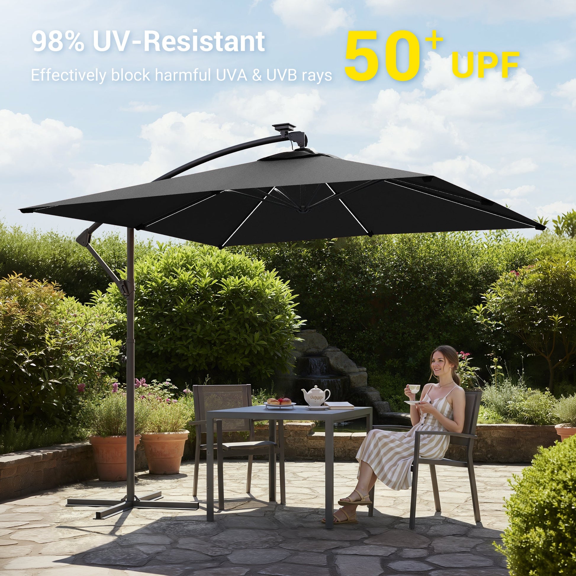 Sonkuki 8.2ft Solar LED Patio Offset Umbrella with 8 Light Strips, Safety Lock & Raised Base Pole for Stability, Foldable Crank, Cantilever Patio Hanging Umbrella - Sonkuki
