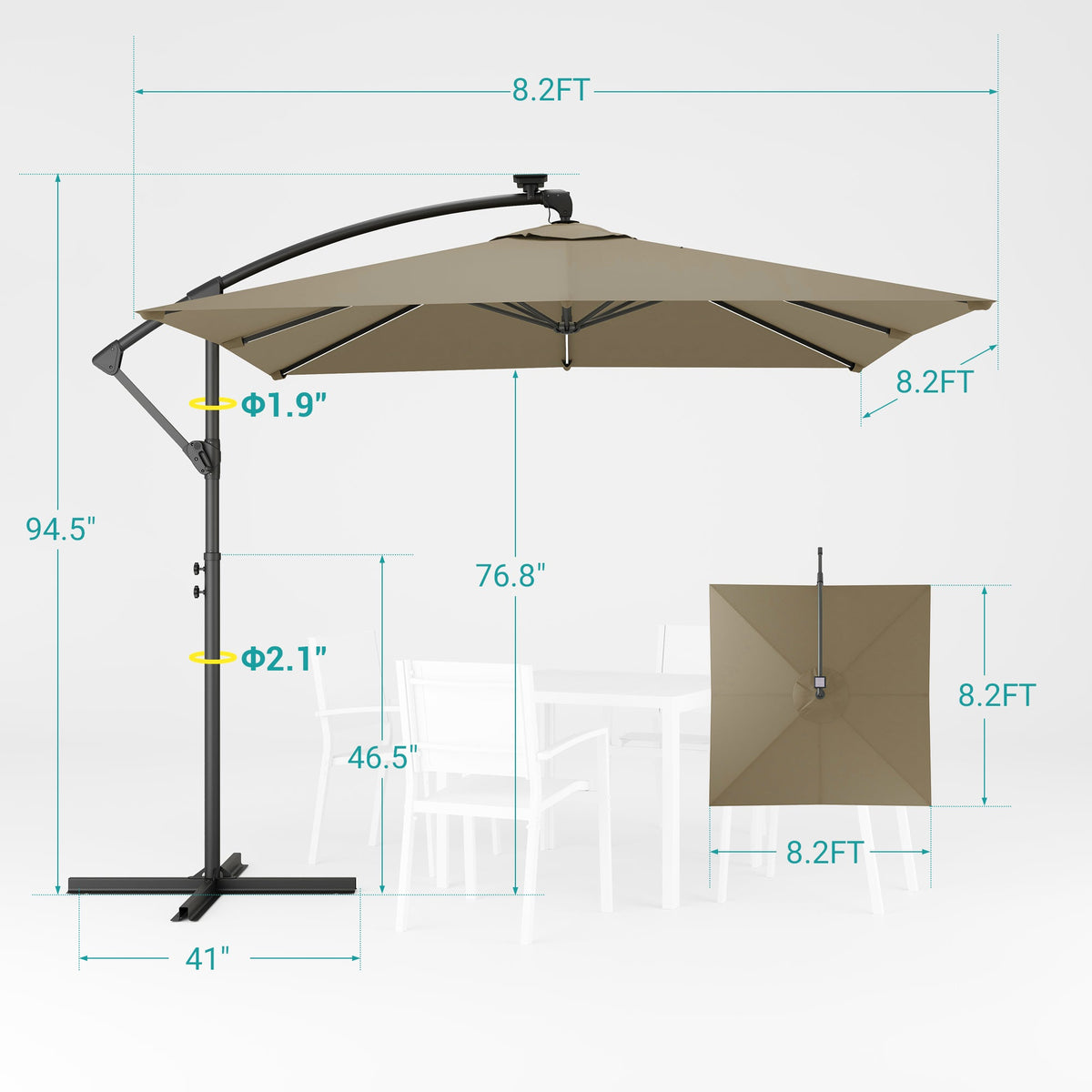 Sonkuki 8.2ft Solar LED Patio Offset Umbrella with 8 Light Strips, Safety Lock & Raised Base Pole for Stability, Foldable Crank, Cantilever Patio Hanging Umbrella - Sonkuki