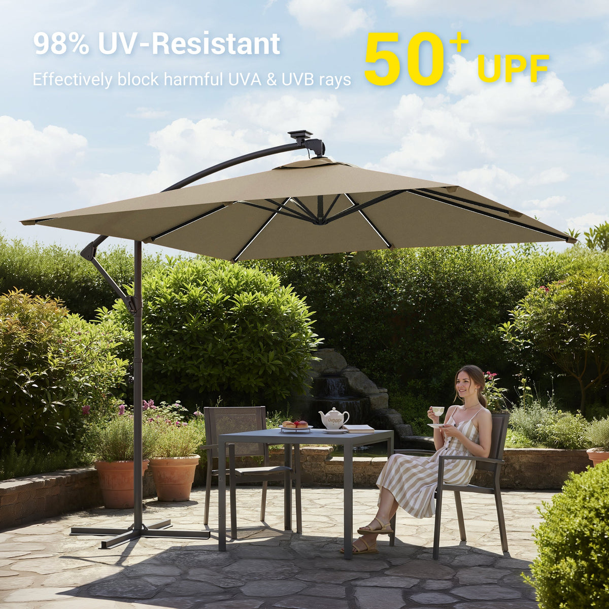 Sonkuki 8.2ft Solar LED Patio Offset Umbrella with 8 Light Strips, Safety Lock & Raised Base Pole for Stability, Foldable Crank, Cantilever Patio Hanging Umbrella - Sonkuki