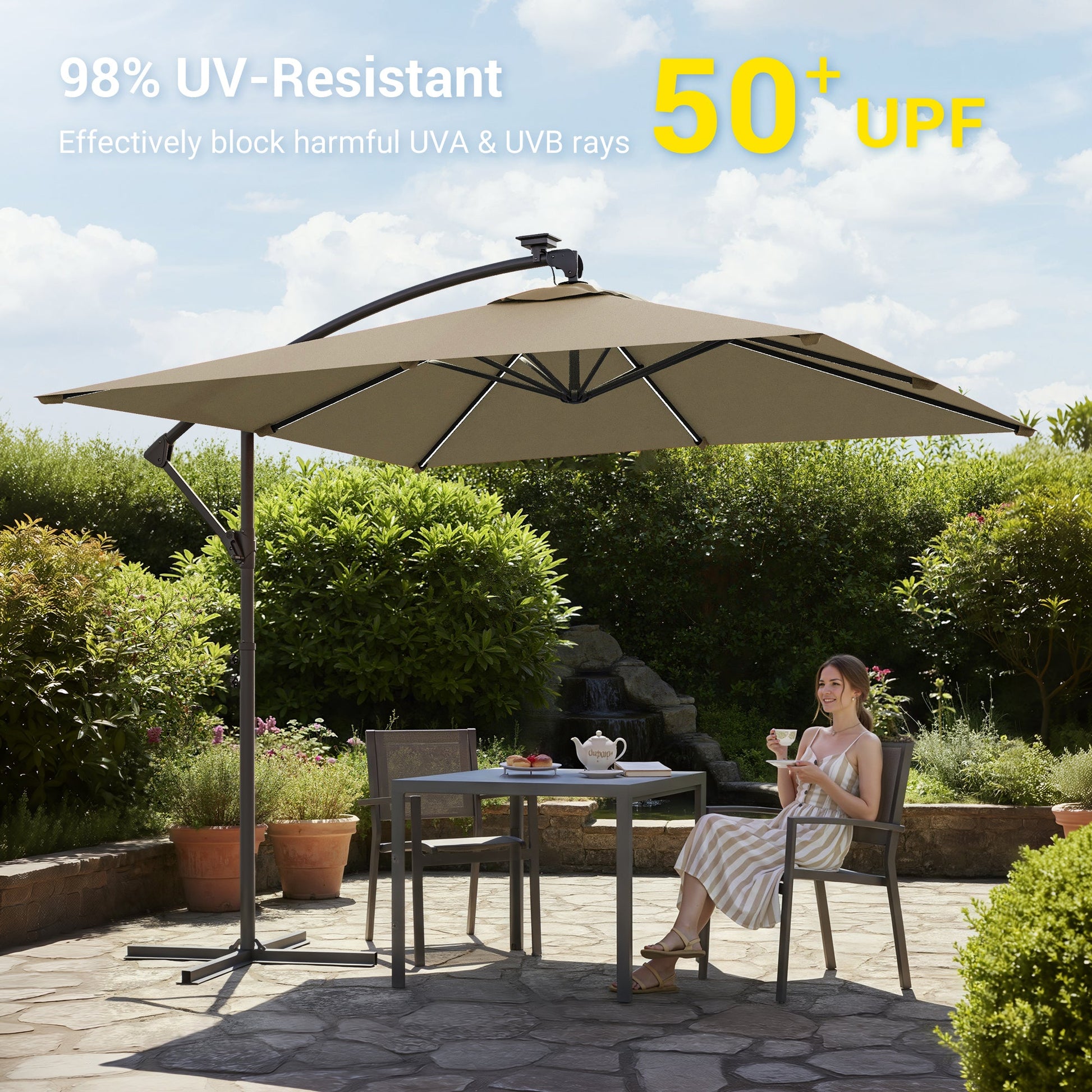 Sonkuki 8.2ft Solar LED Patio Offset Umbrella with 8 Light Strips, Safety Lock & Raised Base Pole for Stability, Foldable Crank, Cantilever Patio Hanging Umbrella - Sonkuki