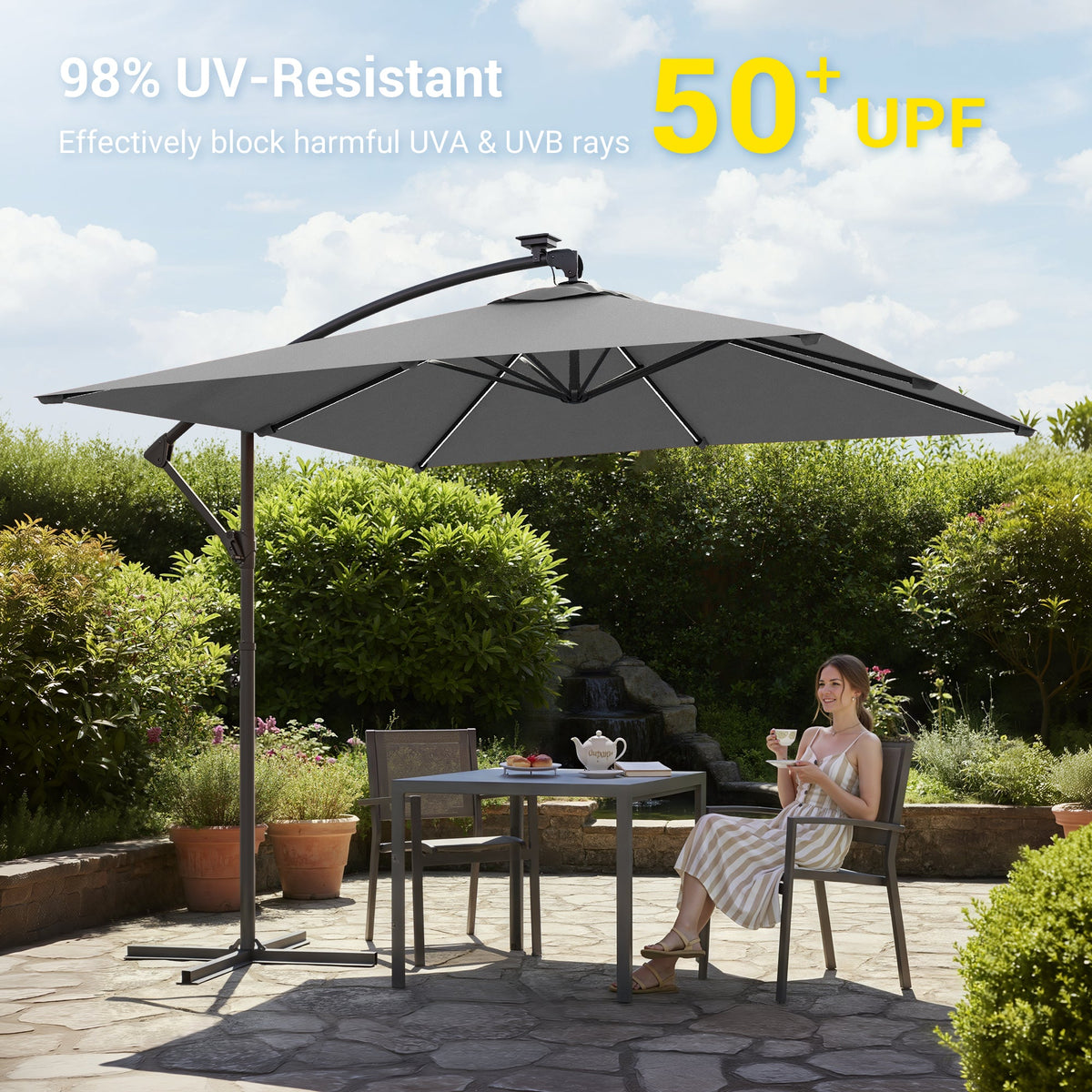 Sonkuki 8.2ft Solar LED Patio Offset Umbrella with 8 Light Strips, Safety Lock & Raised Base Pole for Stability, Foldable Crank, Cantilever Patio Hanging Umbrella - Sonkuki