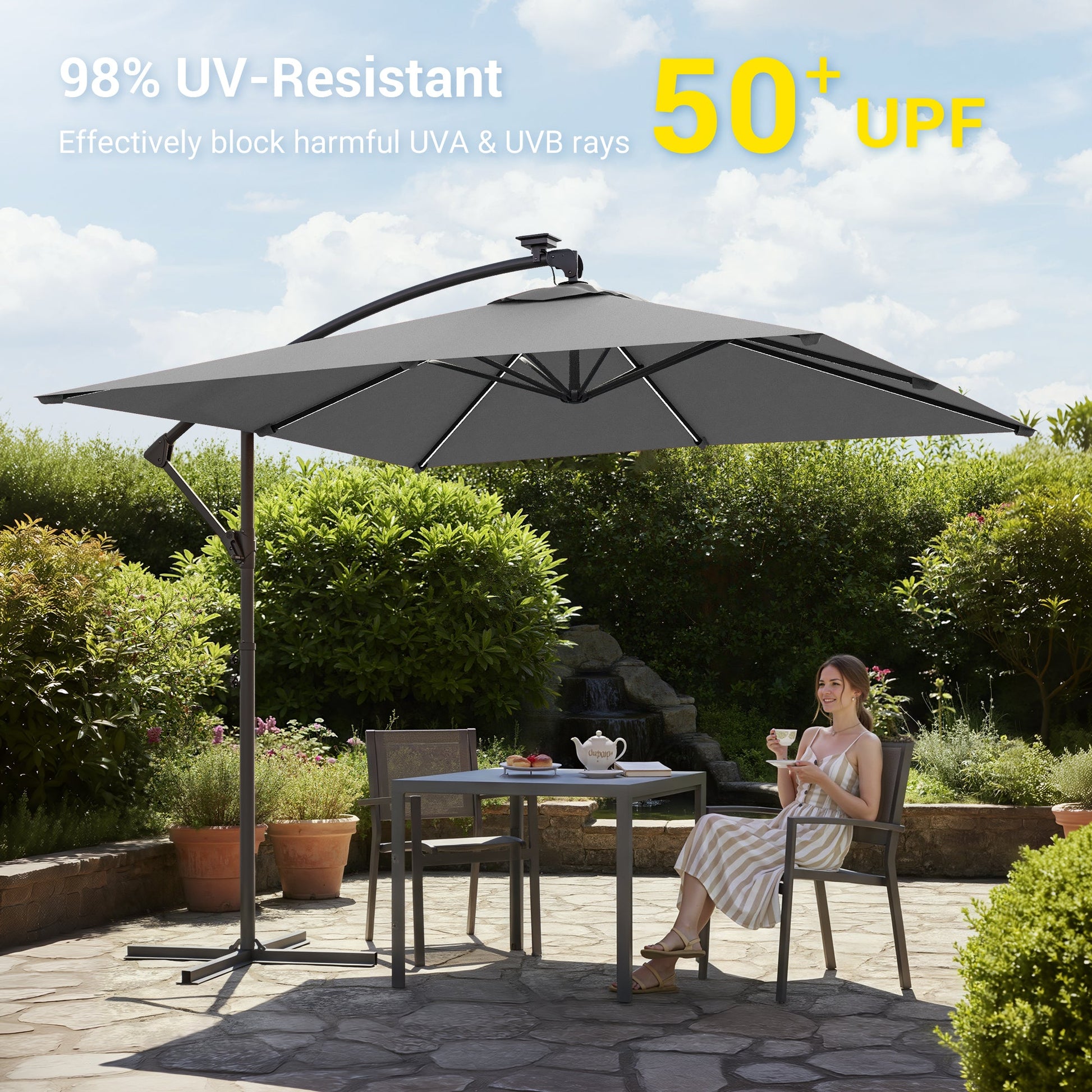 Sonkuki 8.2ft Solar LED Patio Offset Umbrella with 8 Light Strips, Safety Lock & Raised Base Pole for Stability, Foldable Crank, Cantilever Patio Hanging Umbrella - Sonkuki