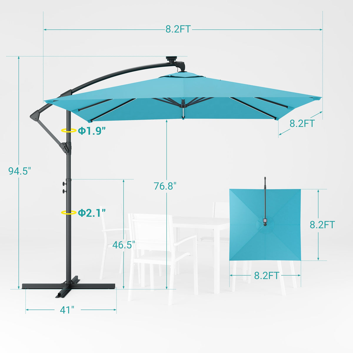 Sonkuki 8.2ft Solar LED Patio Offset Umbrella with 8 Light Strips, Safety Lock & Raised Base Pole for Stability, Foldable Crank, Cantilever Patio Hanging Umbrella - Sonkuki