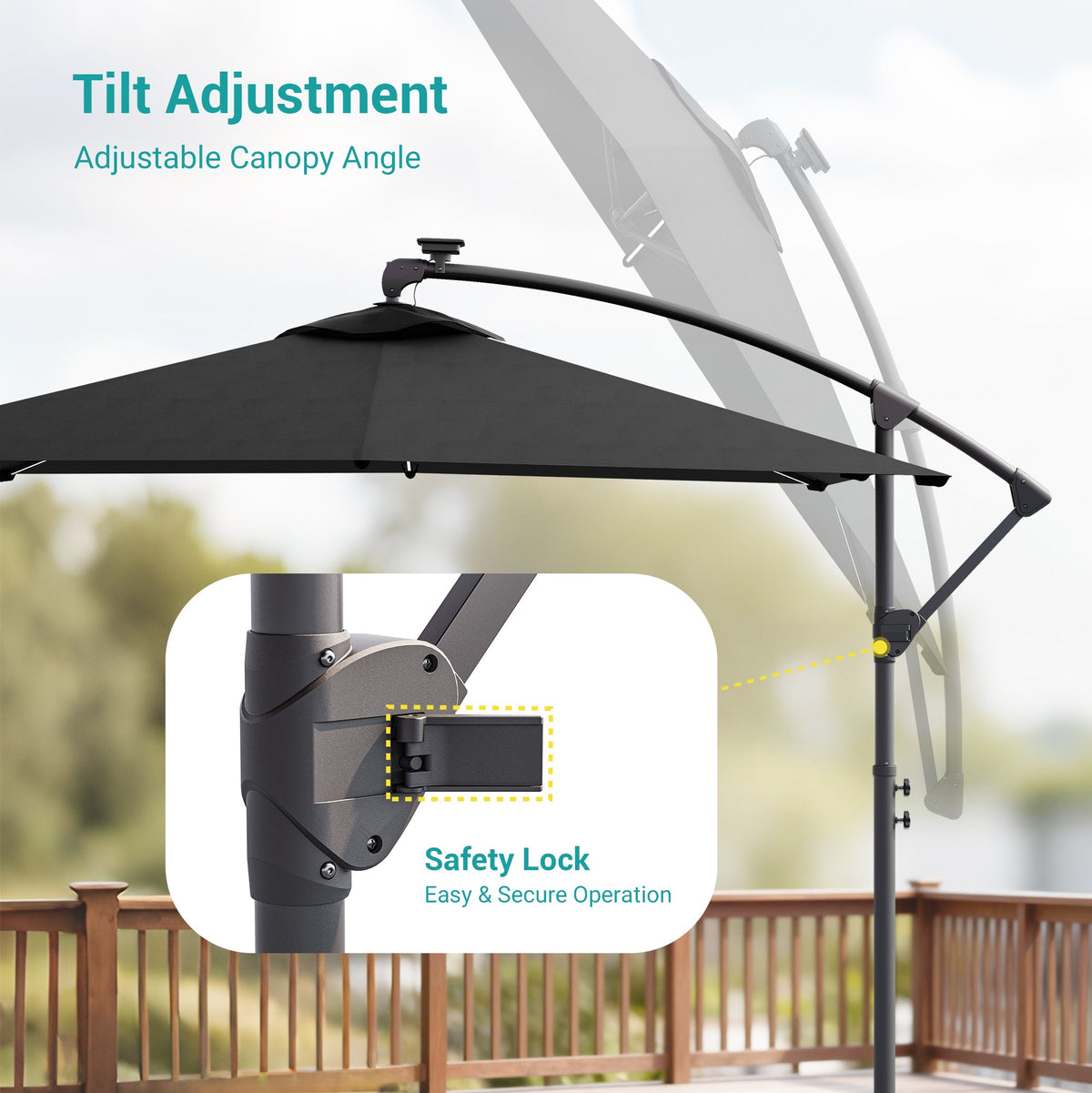 Sonkuki 8.2ft Solar LED Patio Offset Umbrella with 8 Light Strips, Safety Lock & Raised Base Pole for Stability, Foldable Crank, Cantilever Patio Hanging Umbrella - Sonkuki