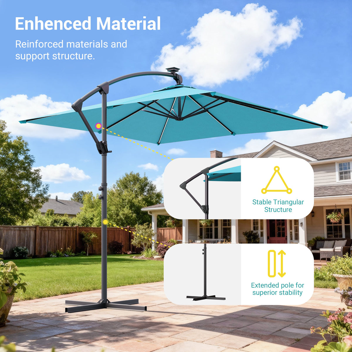 Sonkuki 8.2ft Solar LED Patio Offset Umbrella with 8 Light Strips, Safety Lock & Raised Base Pole for Stability, Foldable Crank, Cantilever Patio Hanging Umbrella - Sonkuki