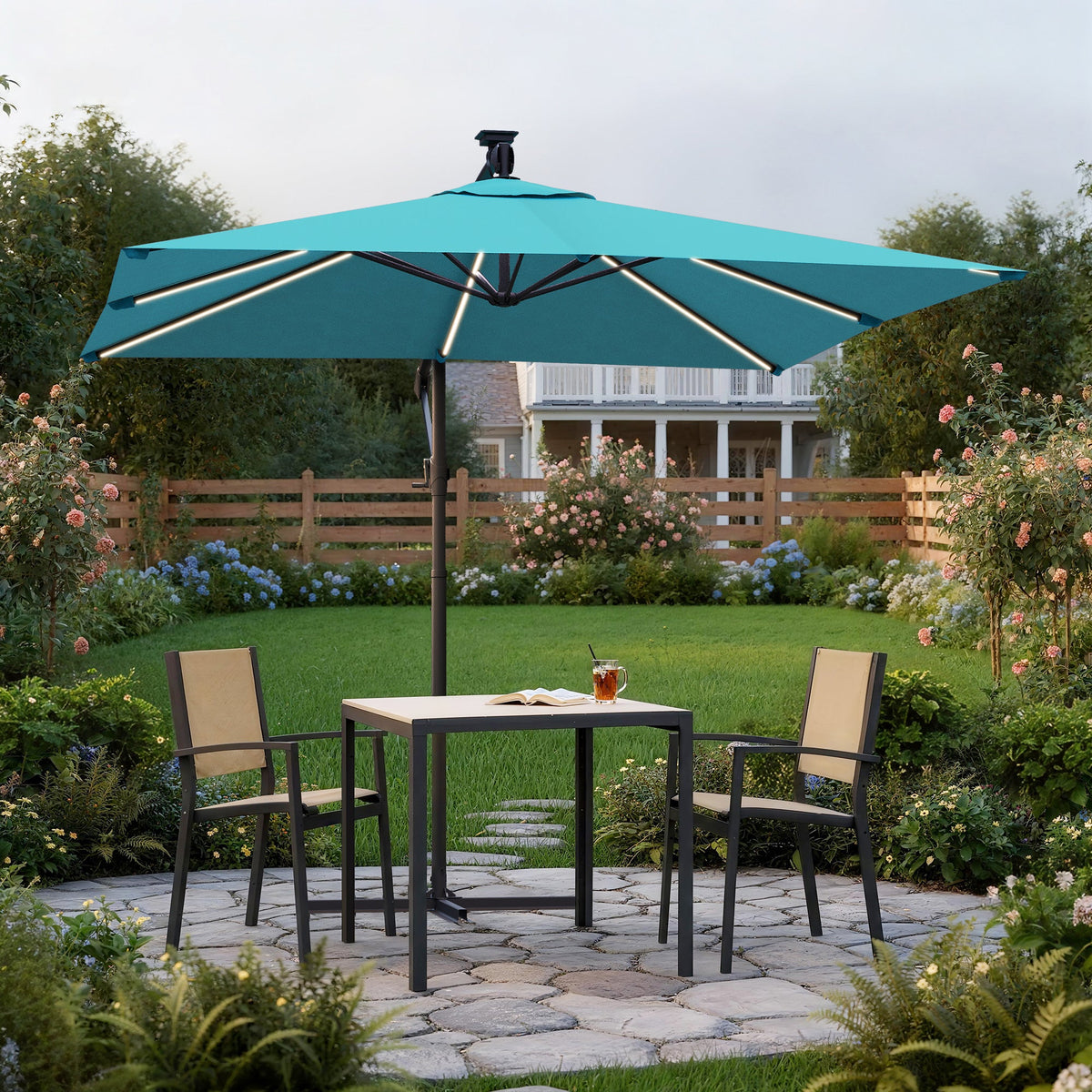 Sonkuki 8.2ft Solar LED Patio Offset Umbrella with 8 Light Strips, Safety Lock & Raised Base Pole for Stability, Foldable Crank, Cantilever Patio Hanging Umbrella - Sonkuki