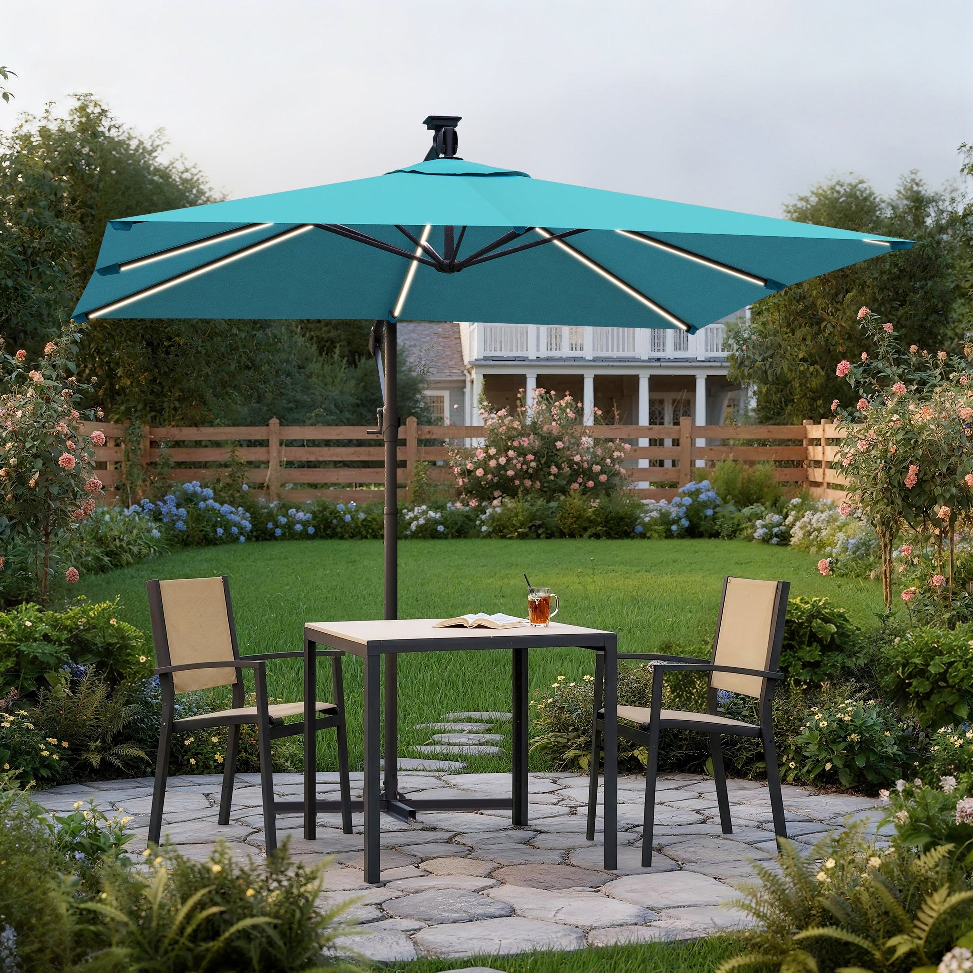 Sonkuki 8.2ft Solar LED Patio Offset Umbrella with 8 Light Strips, Safety Lock & Raised Base Pole for Stability, Foldable Crank, Cantilever Patio Hanging Umbrella - Sonkuki
