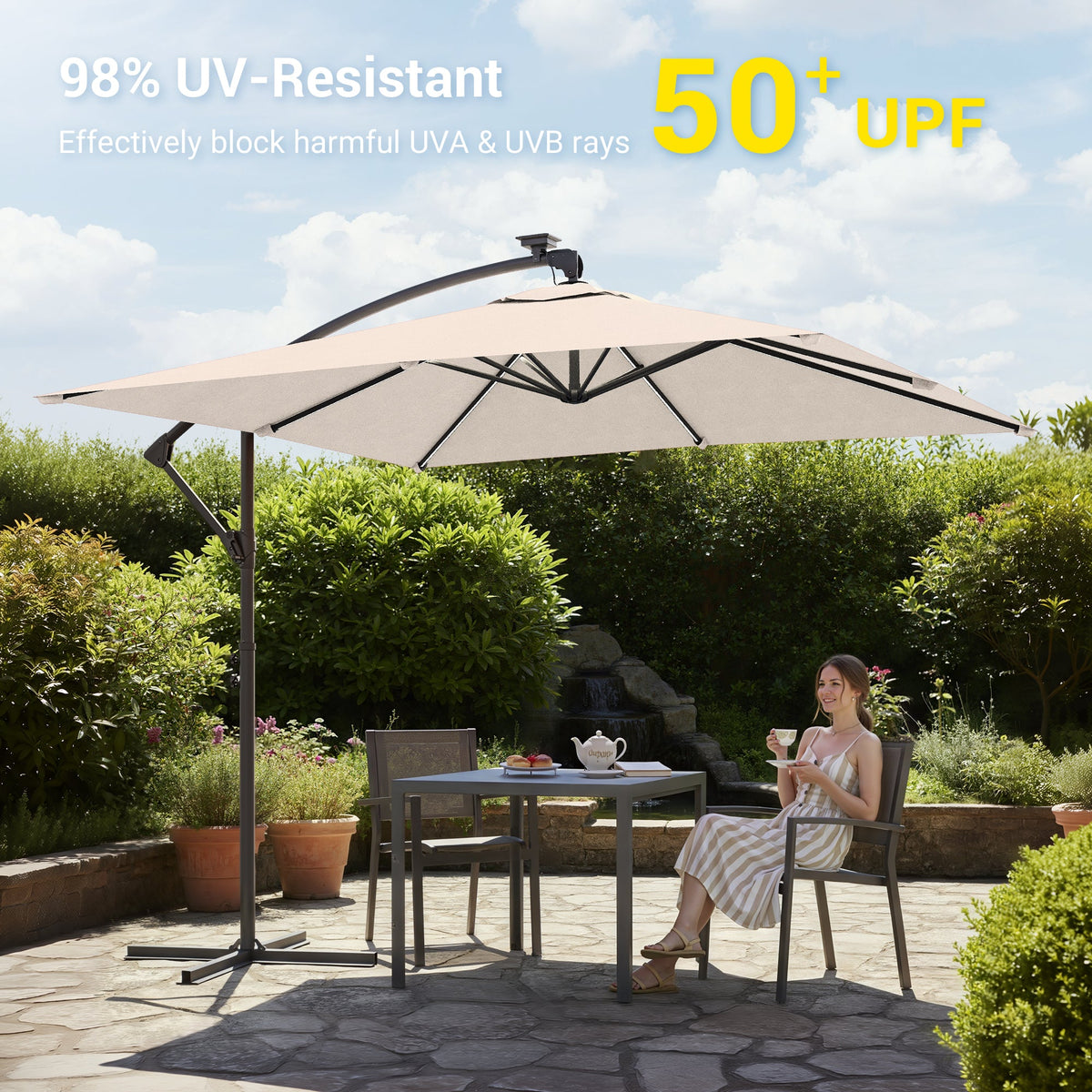 Sonkuki 8.2ft Solar LED Patio Offset Umbrella with 8 Light Strips, Safety Lock & Raised Base Pole for Stability, Foldable Crank, Cantilever Patio Hanging Umbrella - Sonkuki