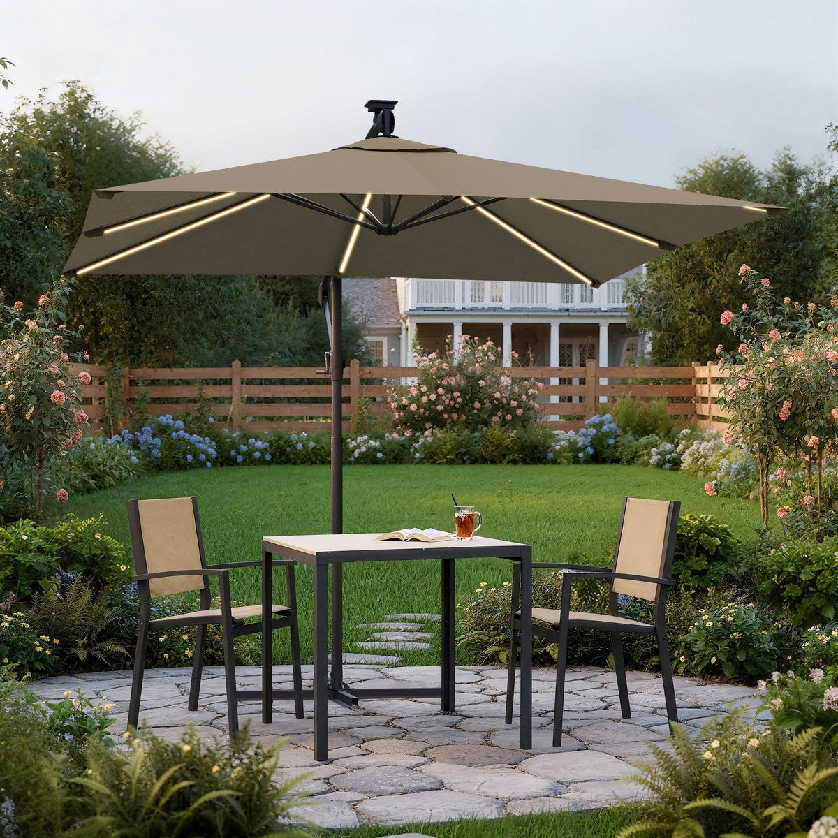 Sonkuki 8.2ft Solar LED Patio Offset Umbrella with 8 Light Strips, Safety Lock & Raised Base Pole for Stability, Foldable Crank, Cantilever Patio Hanging Umbrella - Sonkuki
