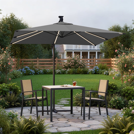 Sonkuki 8.2ft Solar LED Patio Offset Umbrella with 8 Light Strips, Safety Lock & Raised Base Pole for Stability, Foldable Crank, Cantilever Patio Hanging Umbrella - Sonkuki