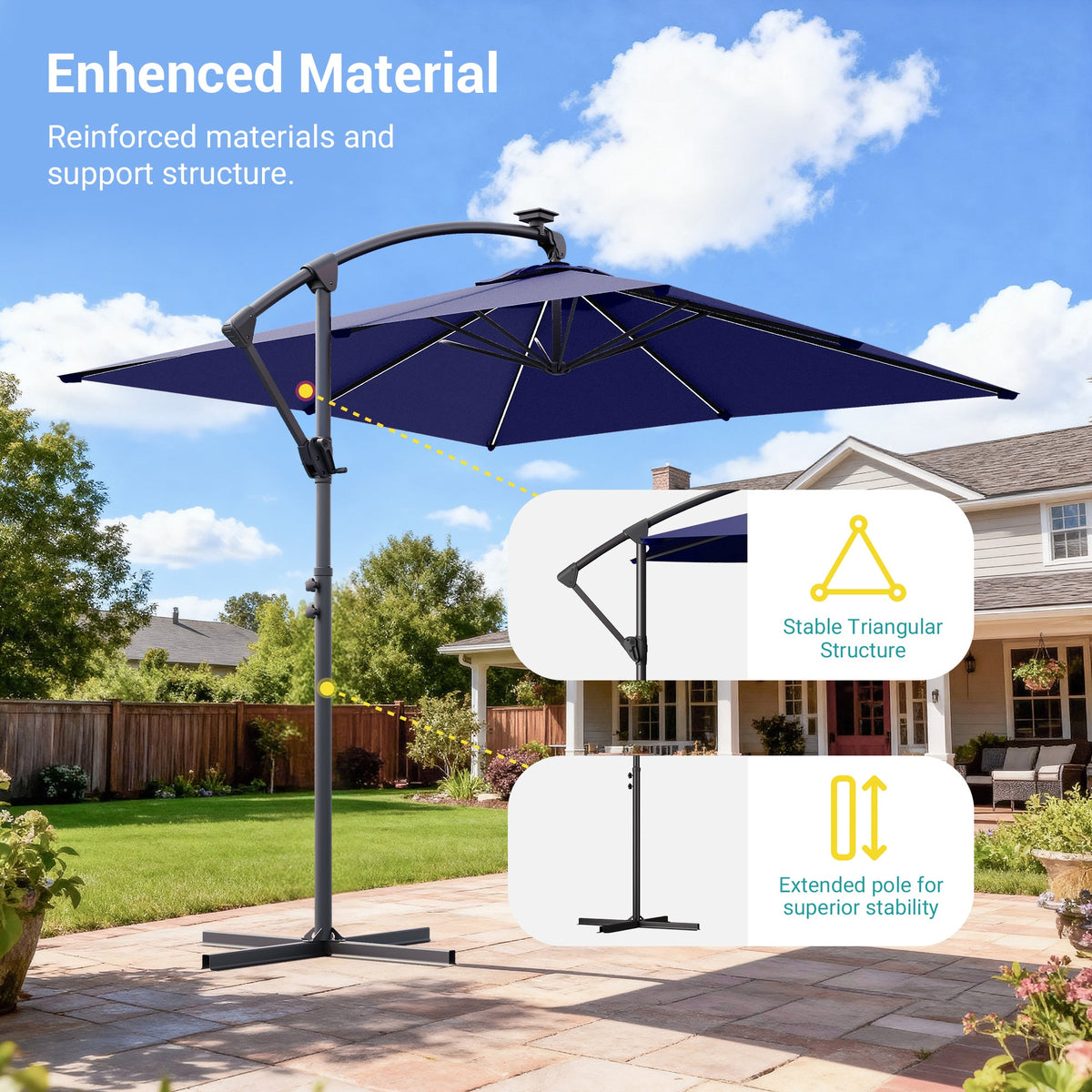 Sonkuki 8.2ft Solar LED Patio Offset Umbrella with 8 Light Strips, Safety Lock & Raised Base Pole for Stability, Foldable Crank, Cantilever Patio Hanging Umbrella - Sonkuki