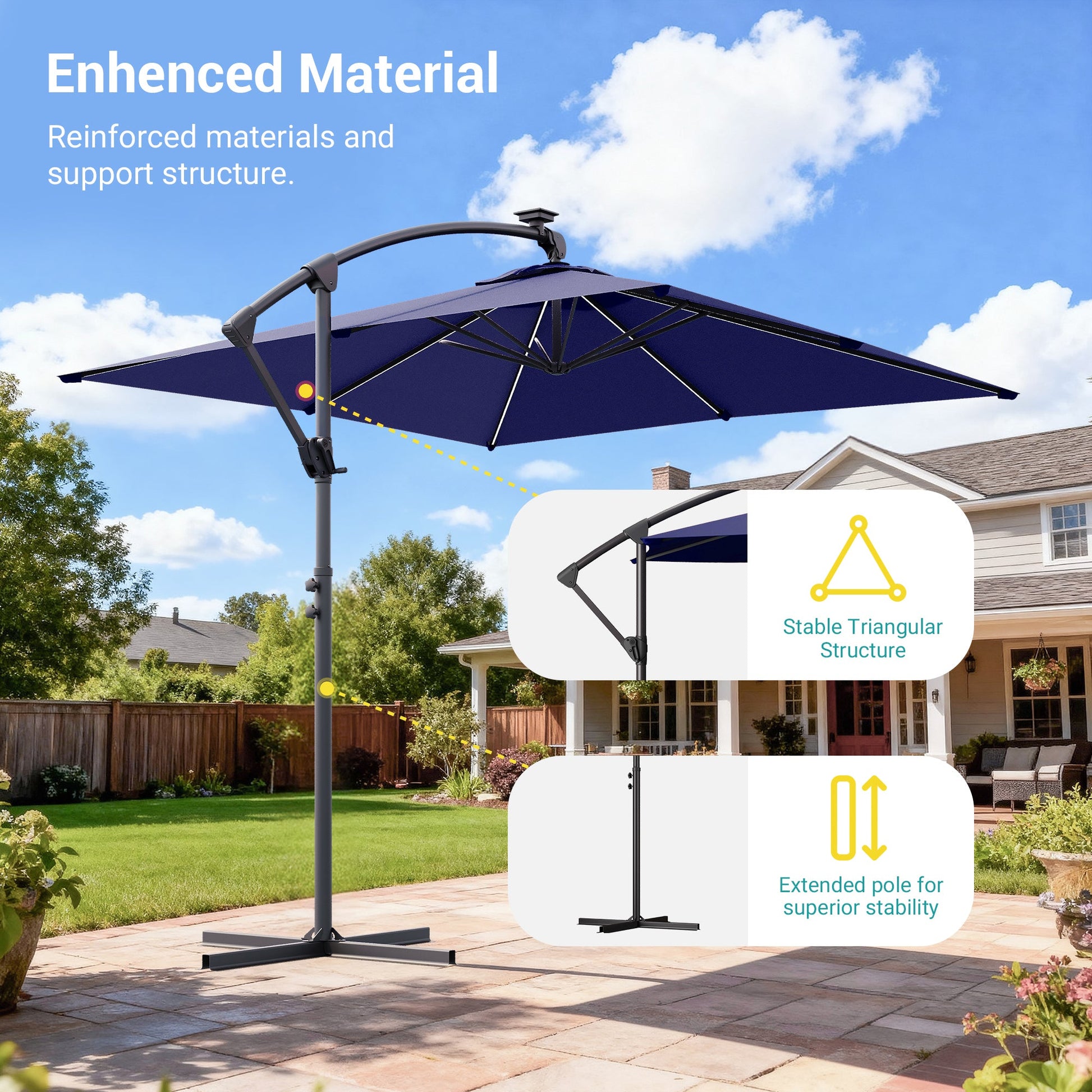 Sonkuki 8.2ft Solar LED Patio Offset Umbrella with 8 Light Strips, Safety Lock & Raised Base Pole for Stability, Foldable Crank, Cantilever Patio Hanging Umbrella - Sonkuki