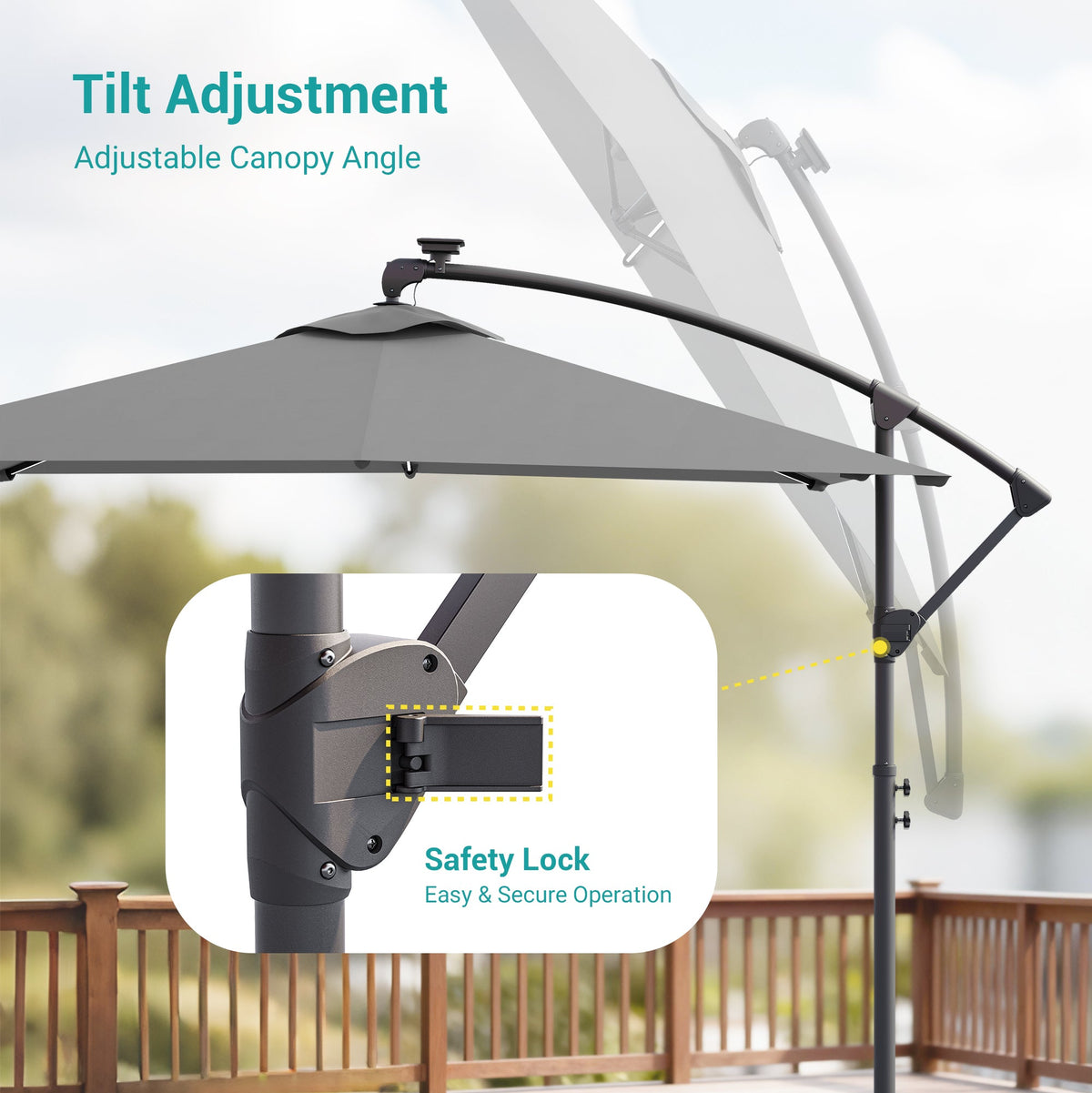 Sonkuki 8.2ft Solar LED Patio Offset Umbrella with 8 Light Strips, Safety Lock & Raised Base Pole for Stability, Foldable Crank, Cantilever Patio Hanging Umbrella - Sonkuki