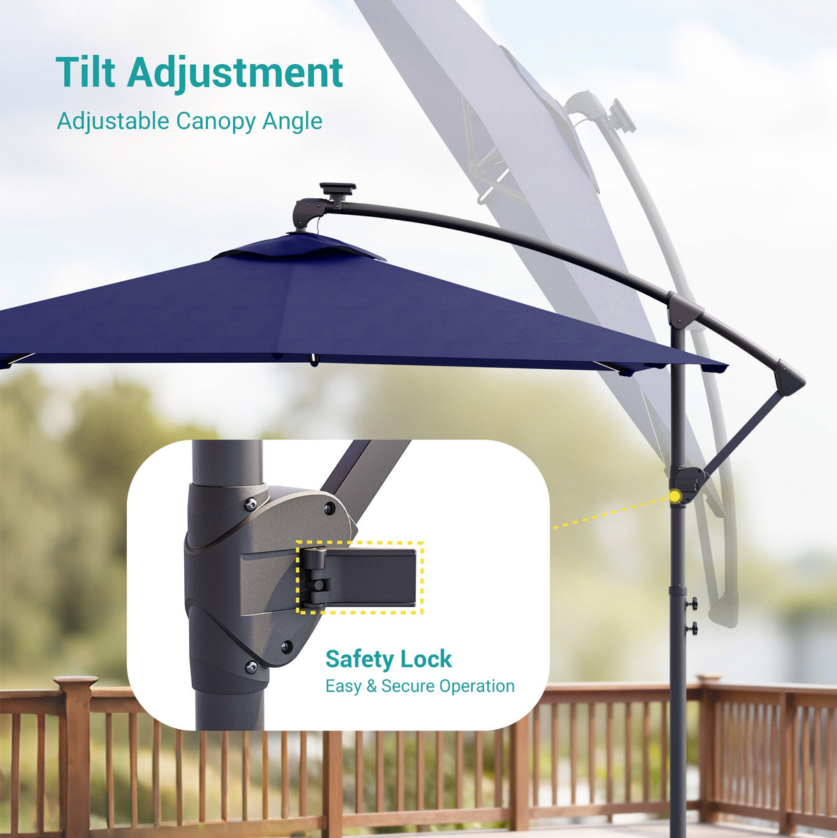 Sonkuki 8.2ft Solar LED Patio Offset Umbrella with 8 Light Strips, Safety Lock & Raised Base Pole for Stability, Foldable Crank, Cantilever Patio Hanging Umbrella - Sonkuki