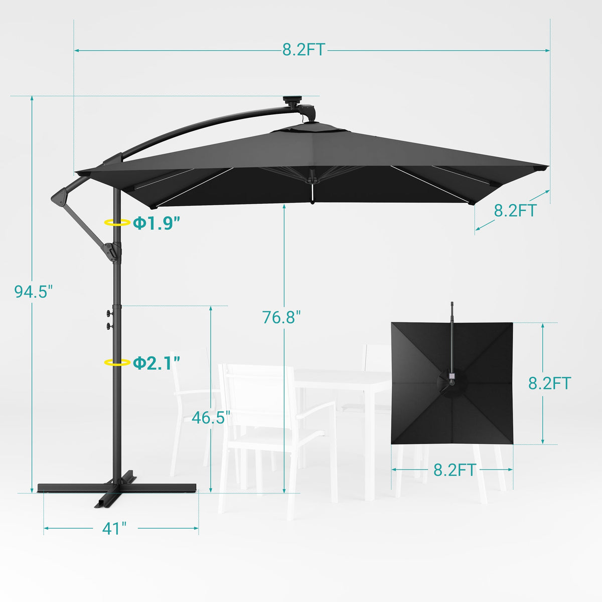 Sonkuki 8.2ft Solar LED Patio Offset Umbrella with 8 Light Strips, Safety Lock & Raised Base Pole for Stability, Foldable Crank, Cantilever Patio Hanging Umbrella - Sonkuki