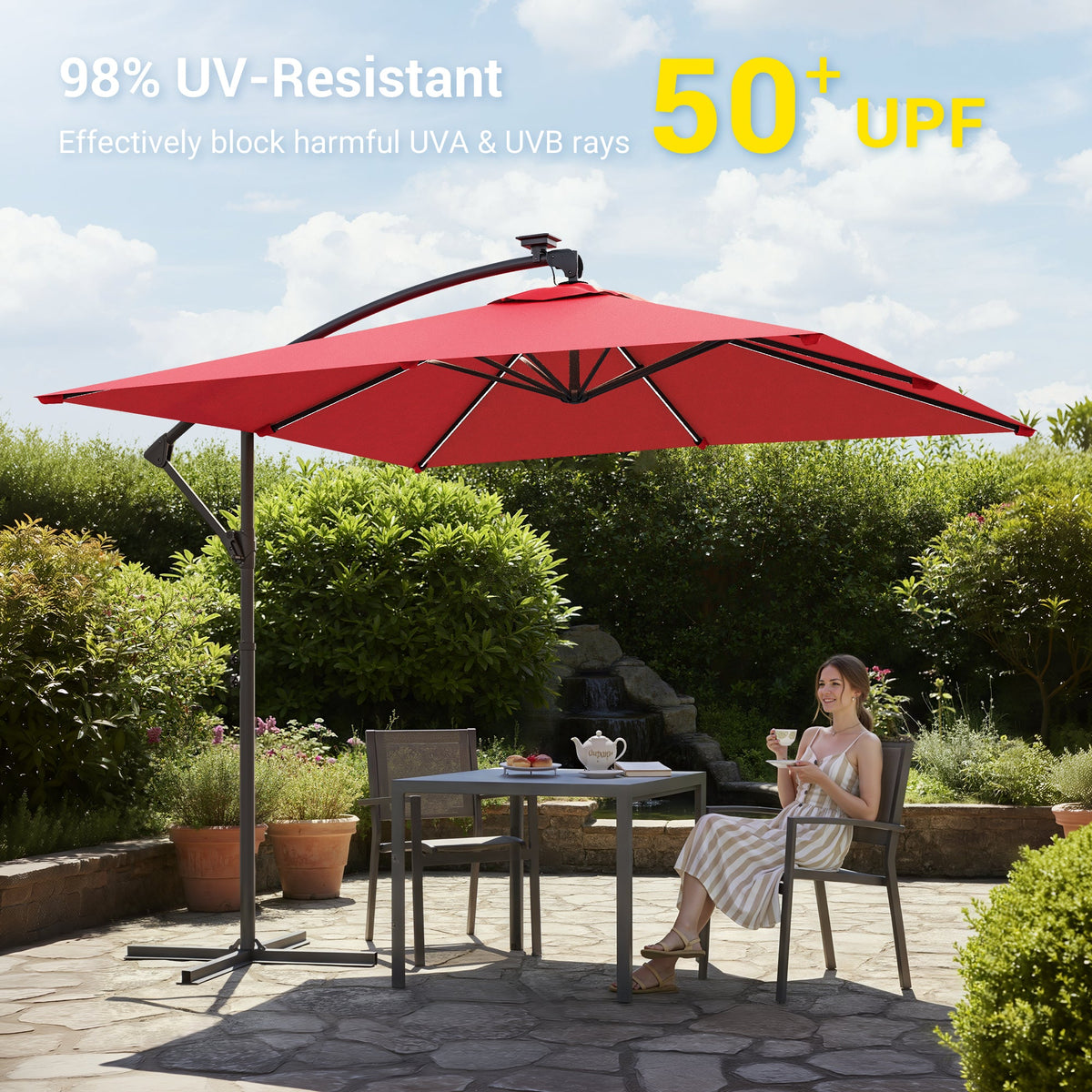 Sonkuki 8.2ft Solar LED Patio Offset Umbrella with 8 Light Strips, Safety Lock & Raised Base Pole for Stability, Foldable Crank, Cantilever Patio Hanging Umbrella - Sonkuki