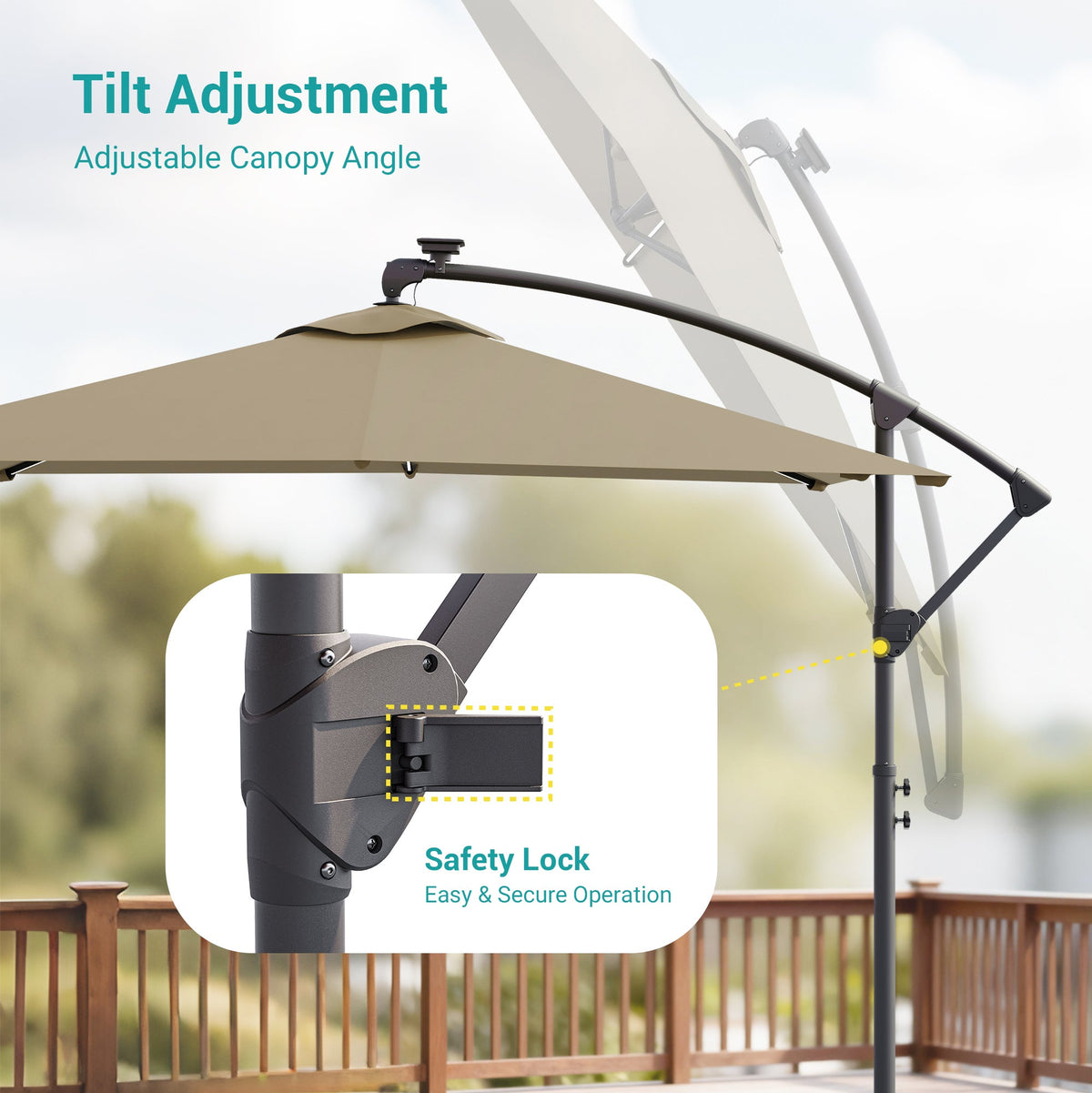 Sonkuki 8.2ft Solar LED Patio Offset Umbrella with 8 Light Strips, Safety Lock & Raised Base Pole for Stability, Foldable Crank, Cantilever Patio Hanging Umbrella - Sonkuki