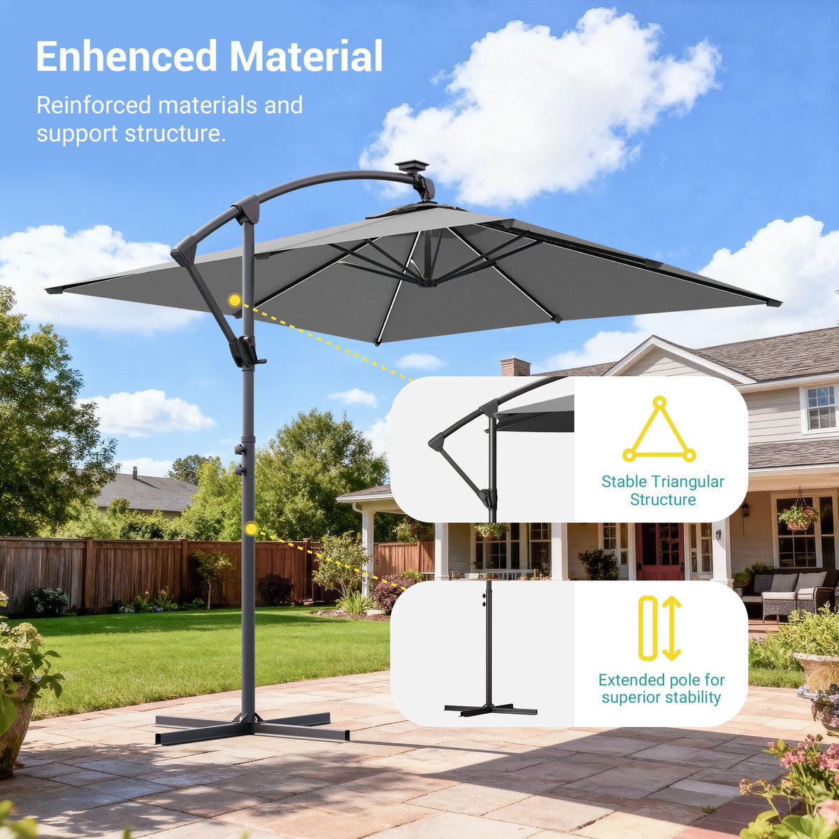 Sonkuki 8.2ft Solar LED Patio Offset Umbrella with 8 Light Strips, Safety Lock & Raised Base Pole for Stability, Foldable Crank, Cantilever Patio Hanging Umbrella - Sonkuki