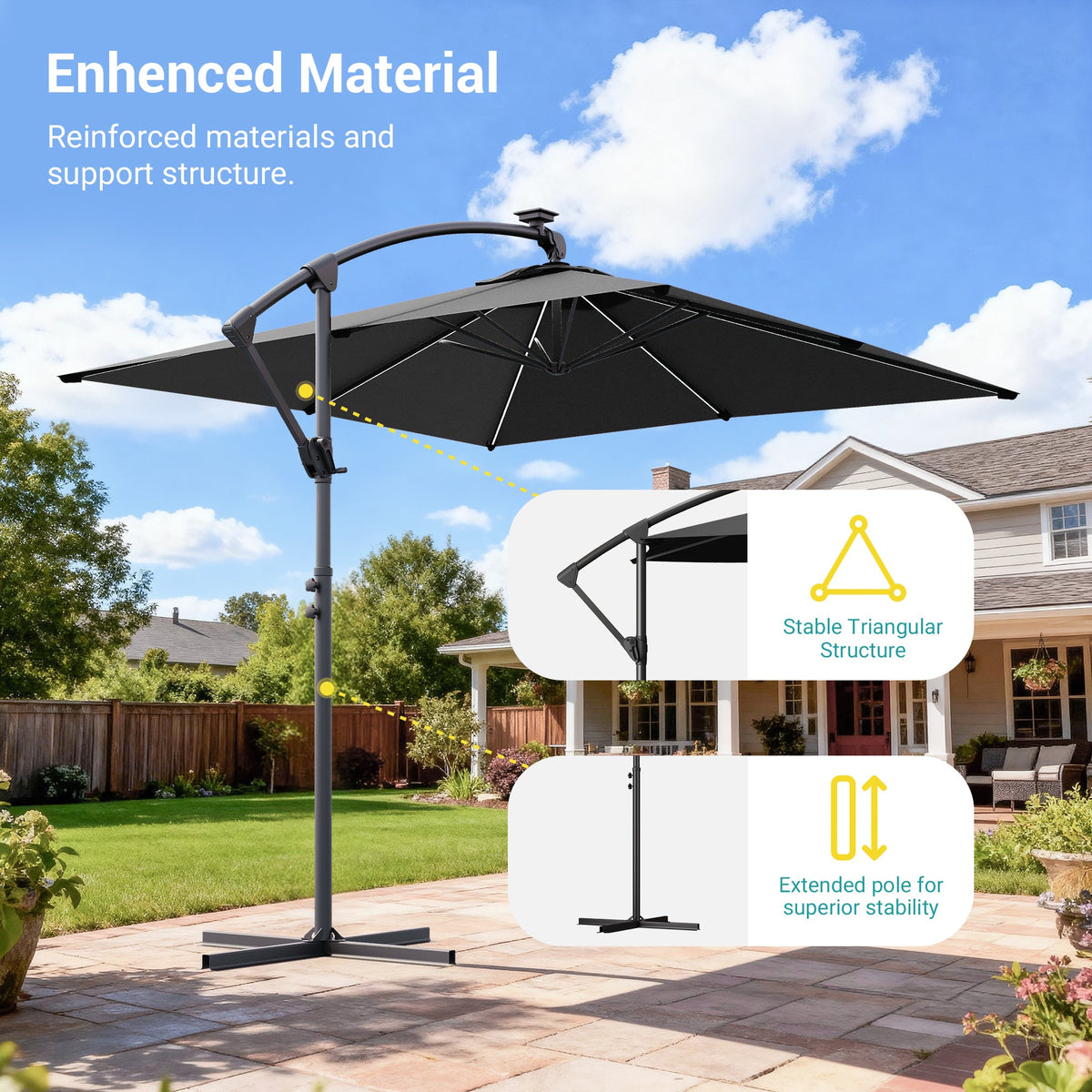 Sonkuki 8.2ft Solar LED Patio Offset Umbrella with 8 Light Strips, Safety Lock & Raised Base Pole for Stability, Foldable Crank, Cantilever Patio Hanging Umbrella - Sonkuki