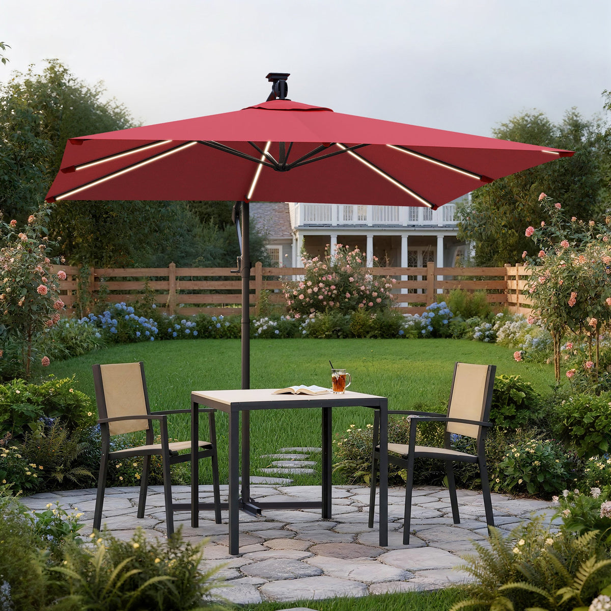 Sonkuki 8.2ft Solar LED Patio Offset Umbrella with 8 Light Strips, Safety Lock & Raised Base Pole for Stability, Foldable Crank, Cantilever Patio Hanging Umbrella - Sonkuki